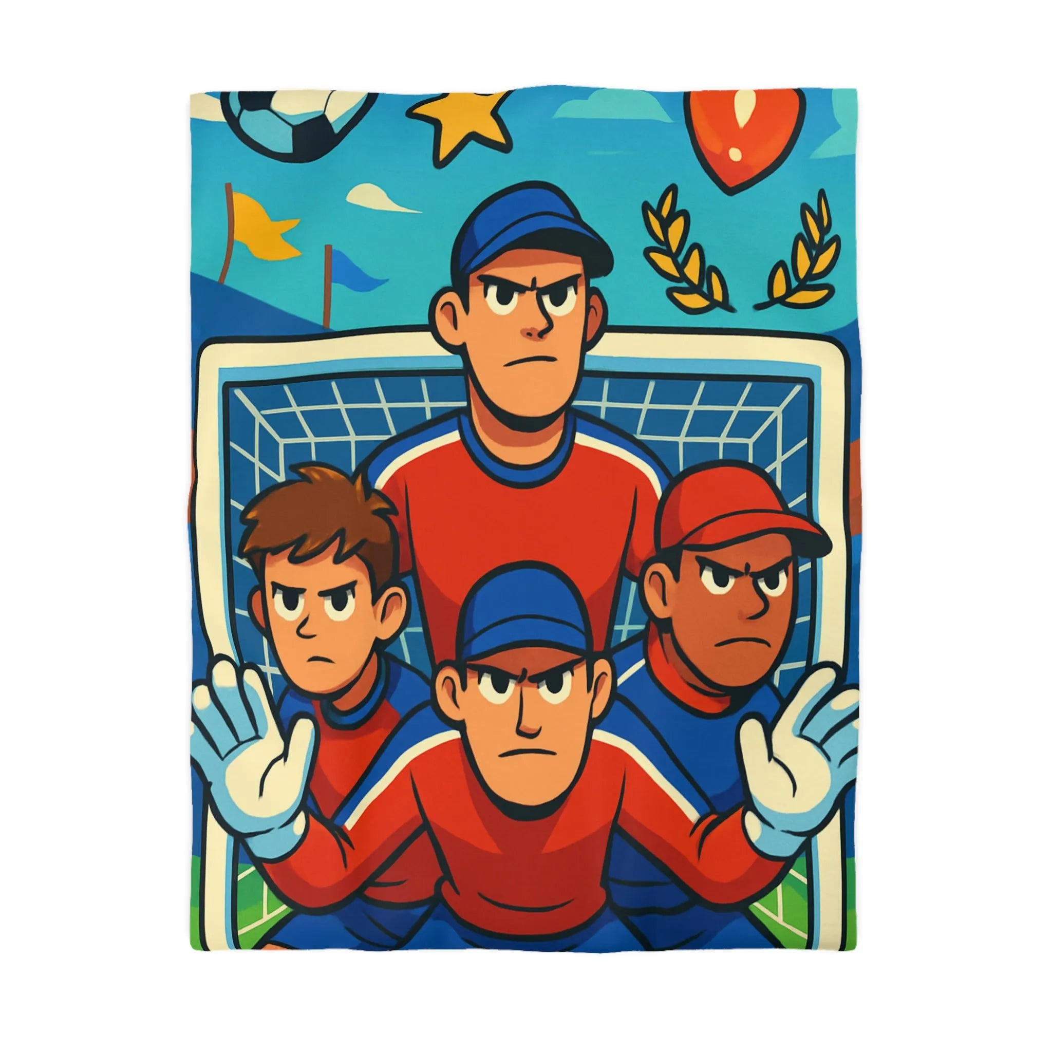 Housse de couette football dynamique avec joueurs, ballon, étoiles et trophées en illustration