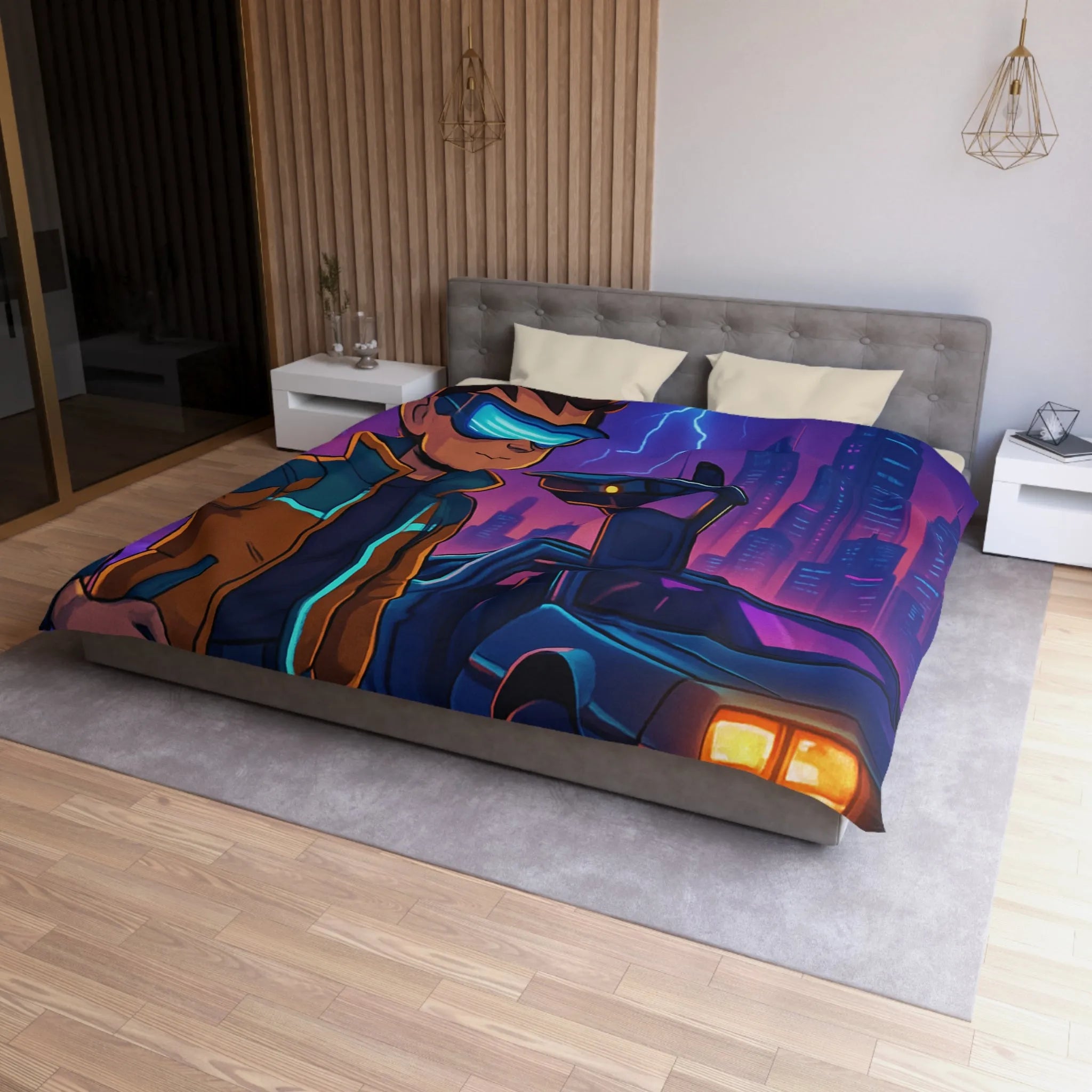 Housse de Couette Futuriste Style Rétro avec Éclair, Voiture et Jeune Garçon Aventureux