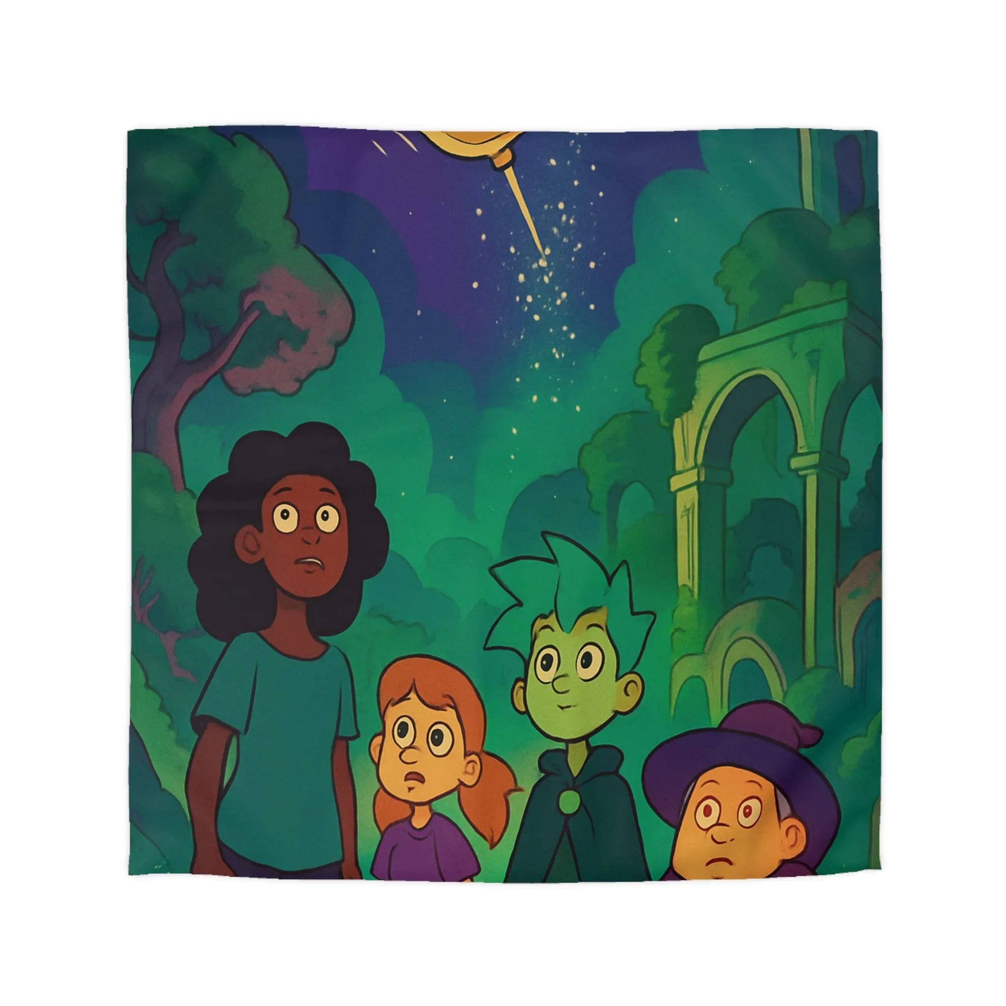 Housse de Couette Enfant : Quatre Aventuriers Sous une Comète Éblouissante et Mystique