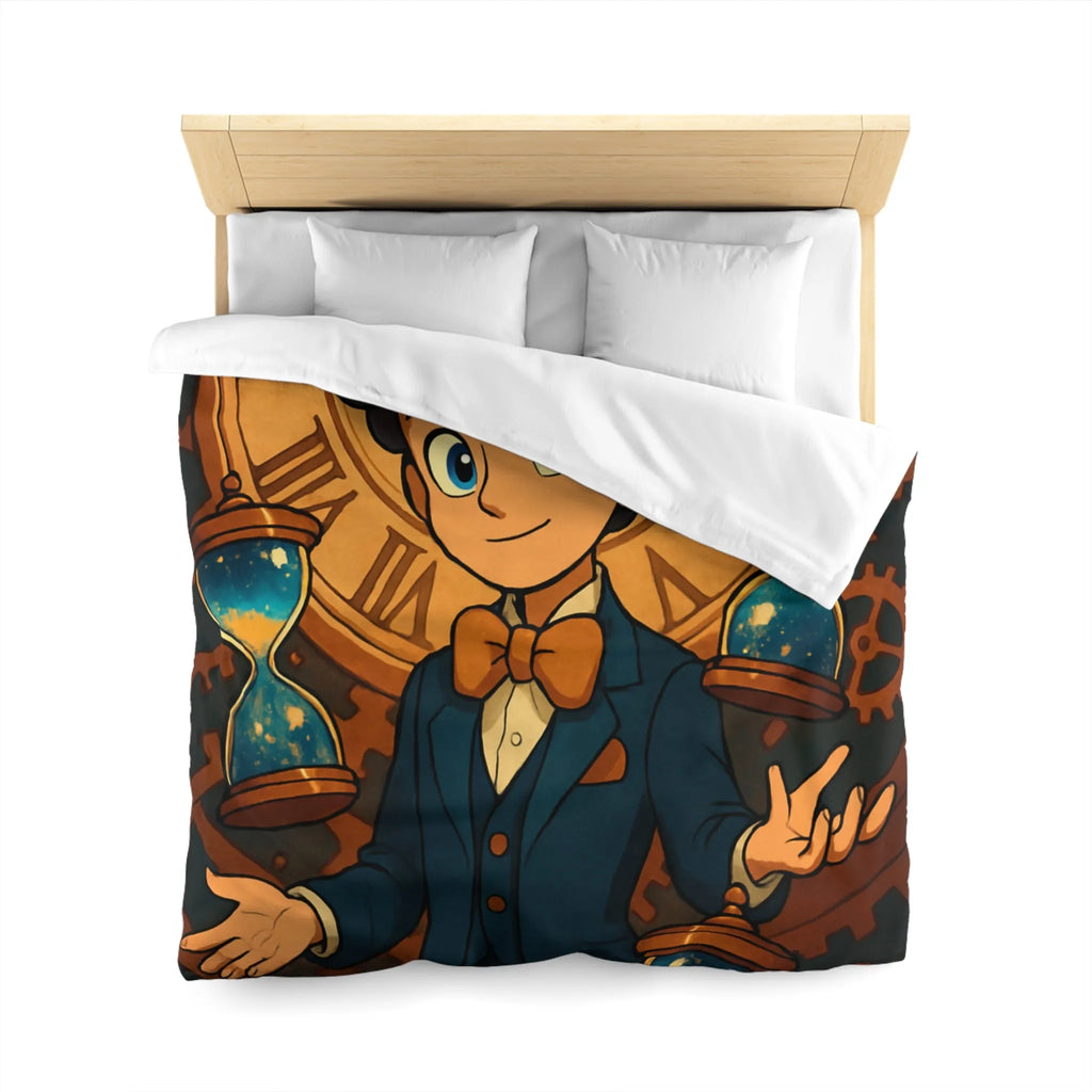 Élégante housse de couette thème horloger avec personnage stylisé et sabliers dorés
