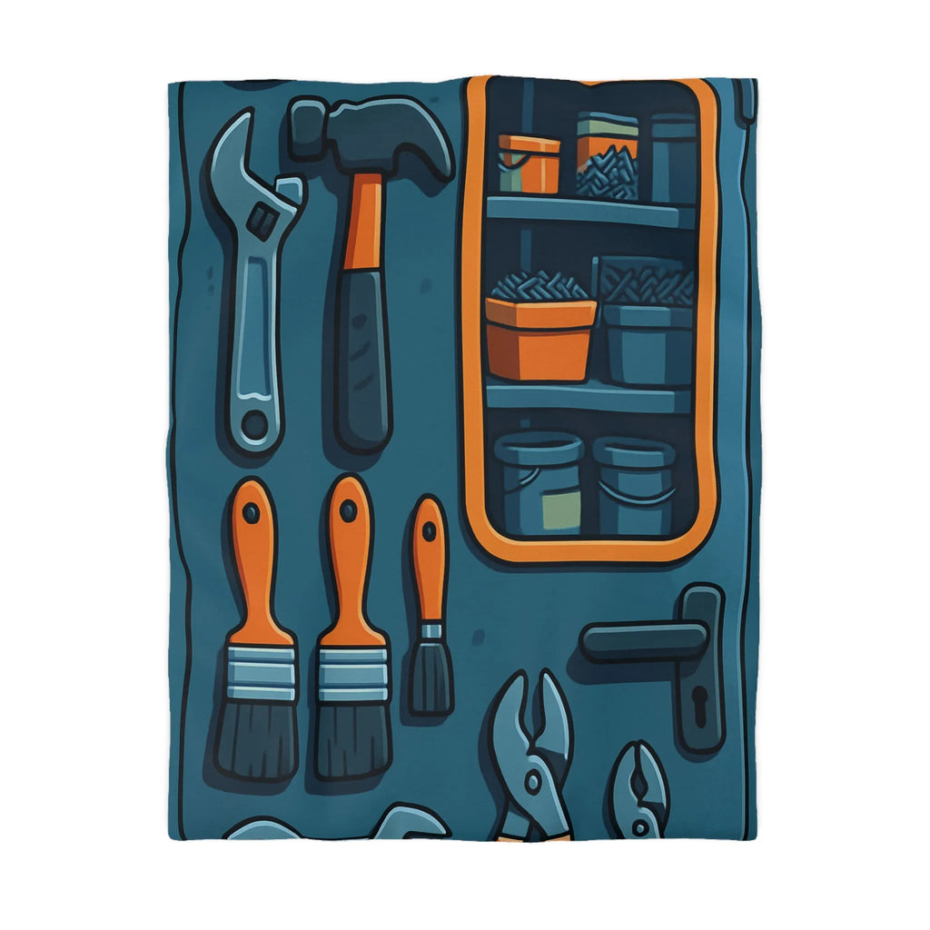 Housse de couette bleue avec outils et étagères pour atelier créatif moderne