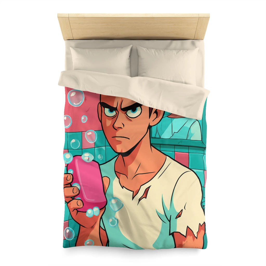 Housse de Couette avec Jeune Homme Déterminé Tenant Un Savon Rose en Colère