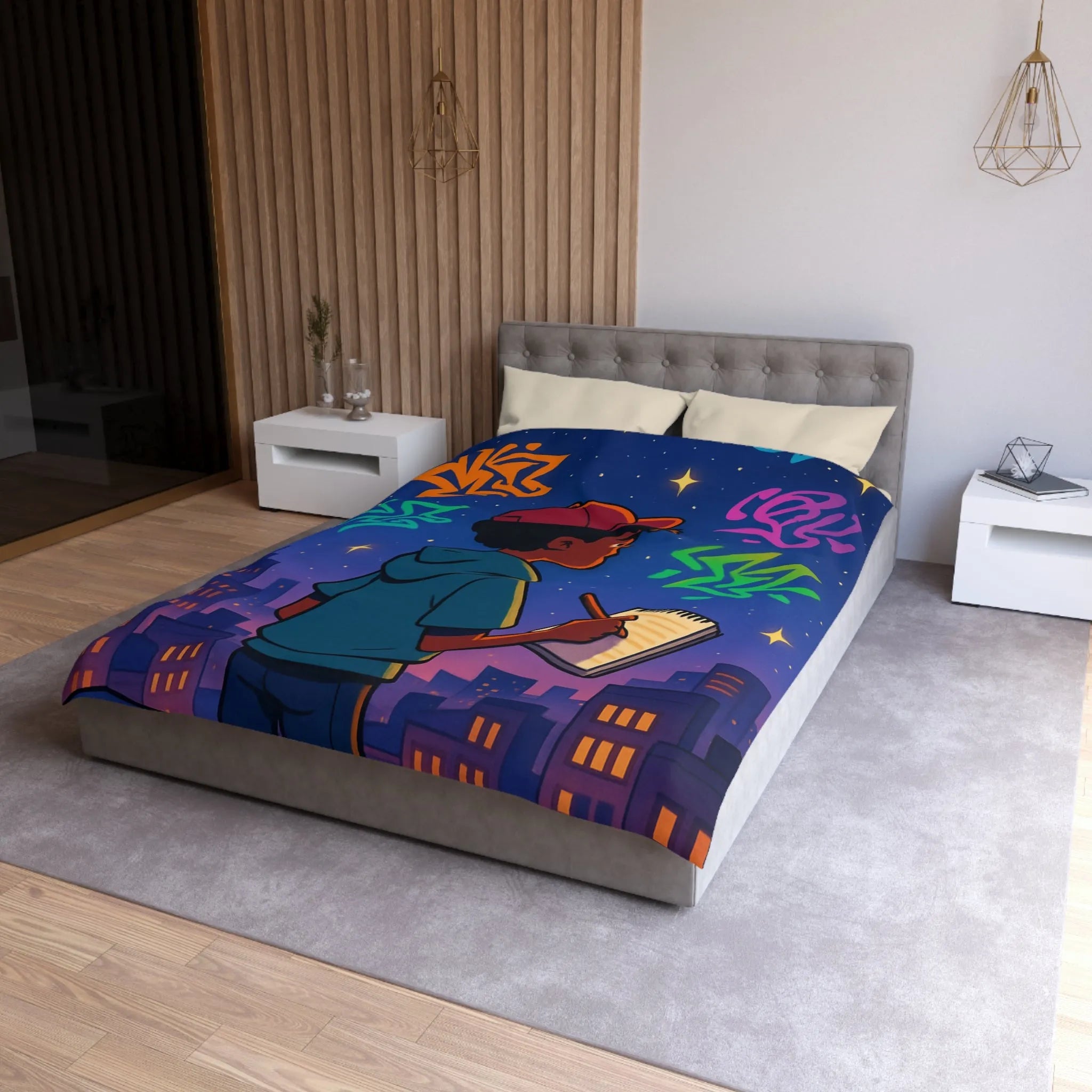Housse de couette avec jeune artiste dessinant sous un ciel étoilé urbain coloré