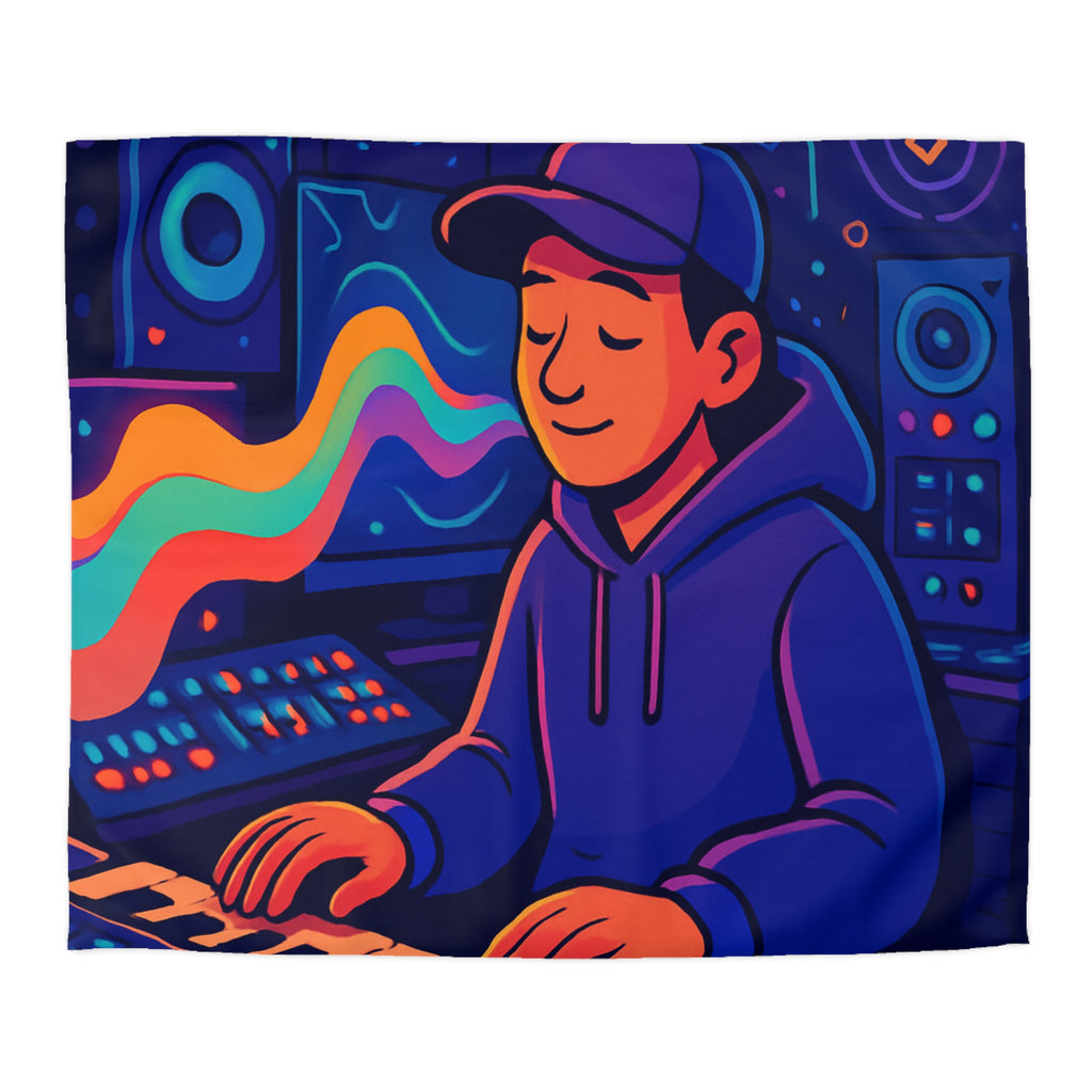 Housse de couette vibrante avec musicien dans un studio coloré et moderne