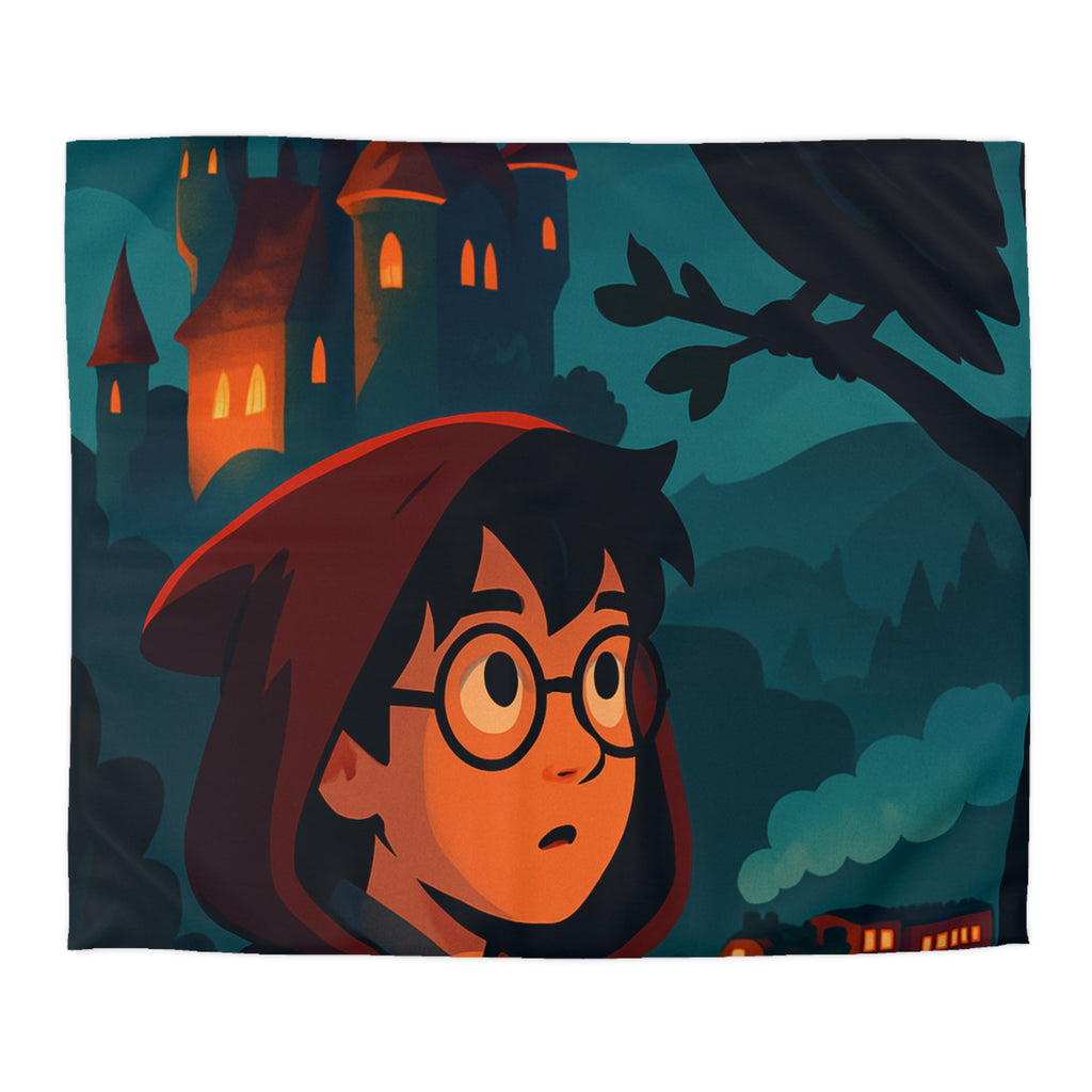 Housse de couette mystique avec château, héros et hibou pour chambre enchantée