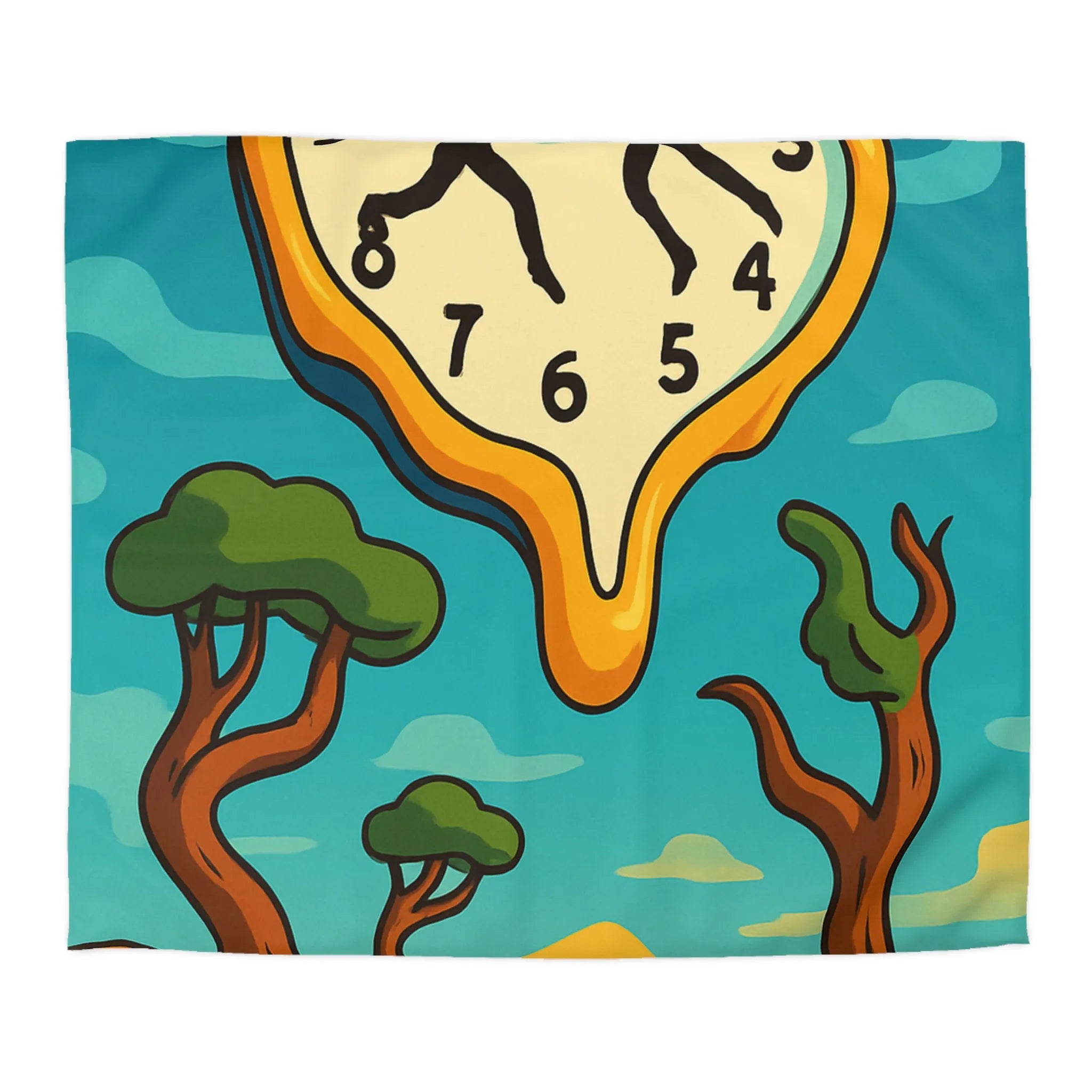 Housse de Couette Inspirée de l'Art Surréaliste avec Paysage Onirique et Horloge Fondante