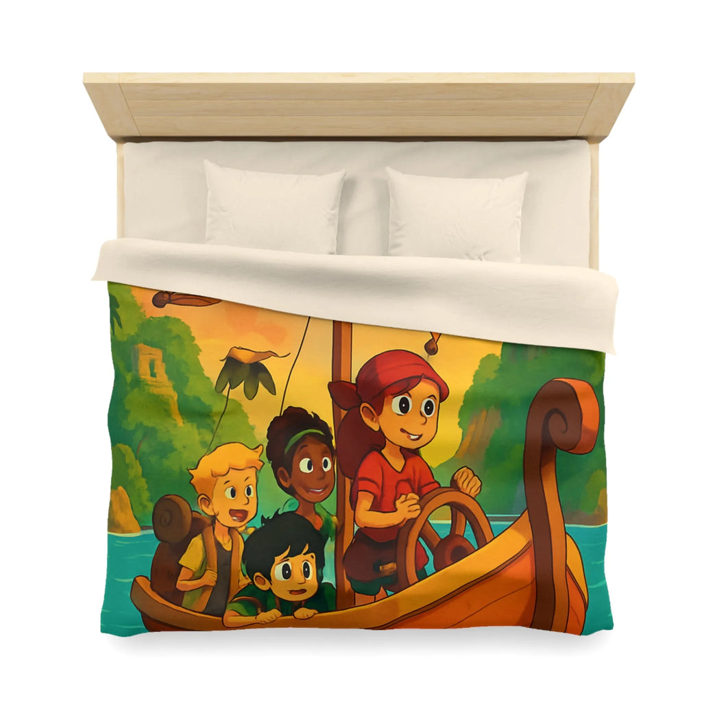 Housse de couette enfantine avec bateau, amis et animaux marins, ambiance tropicale vive