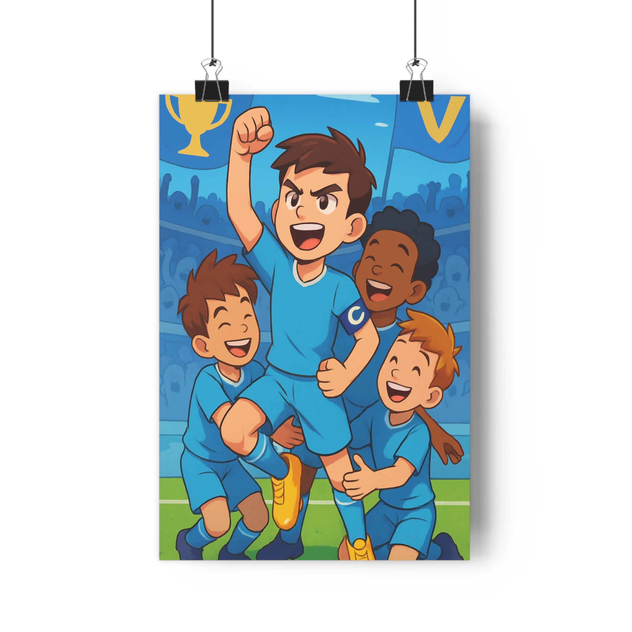 Poster décoratif vibrant football joyeux bande dessinée bleu jeunes victoire énergie chambre enfant qualité