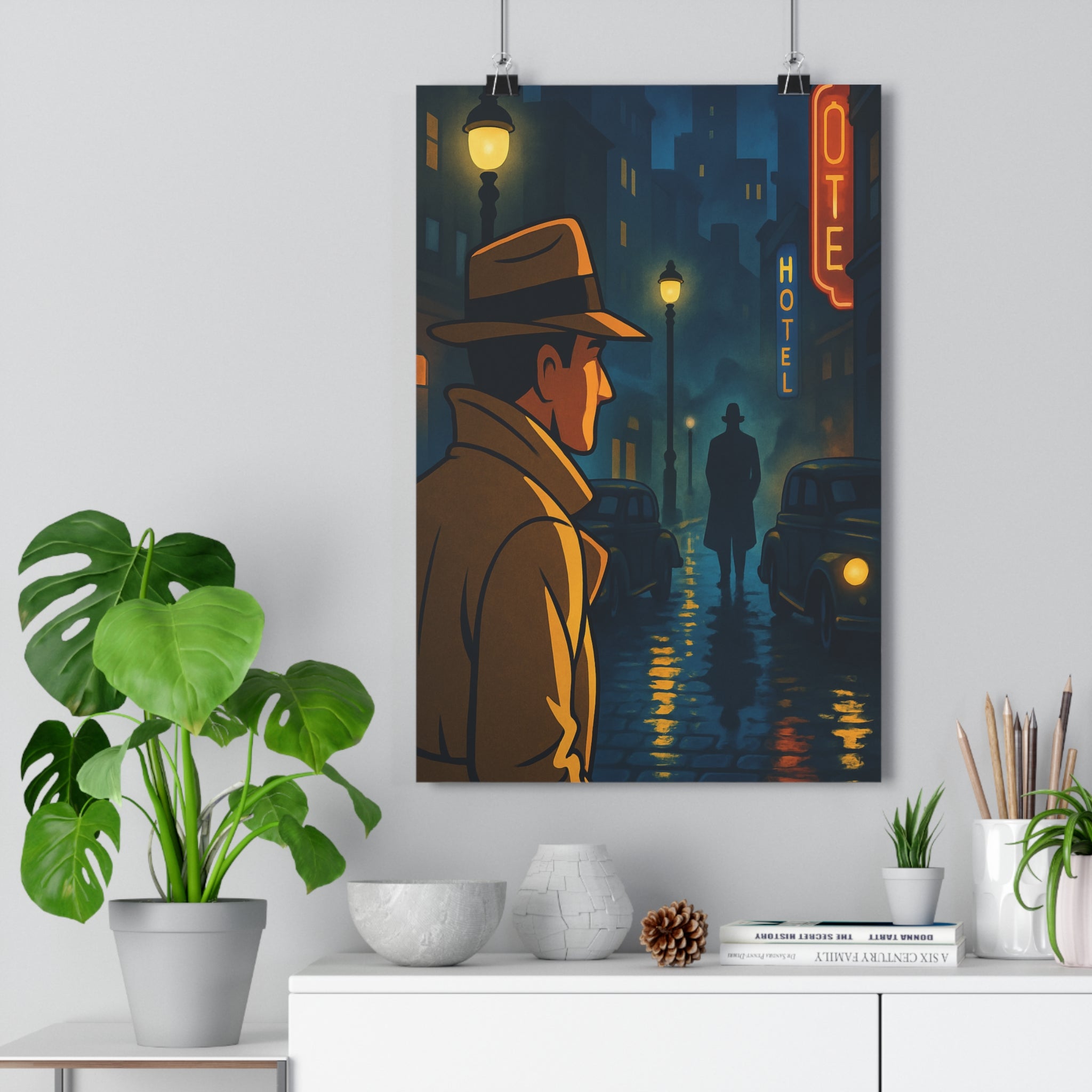 Poster décoratif rétro bleu orange mystérieux vintage urbain salon bureau ambiance nocturne 30x46 élégant