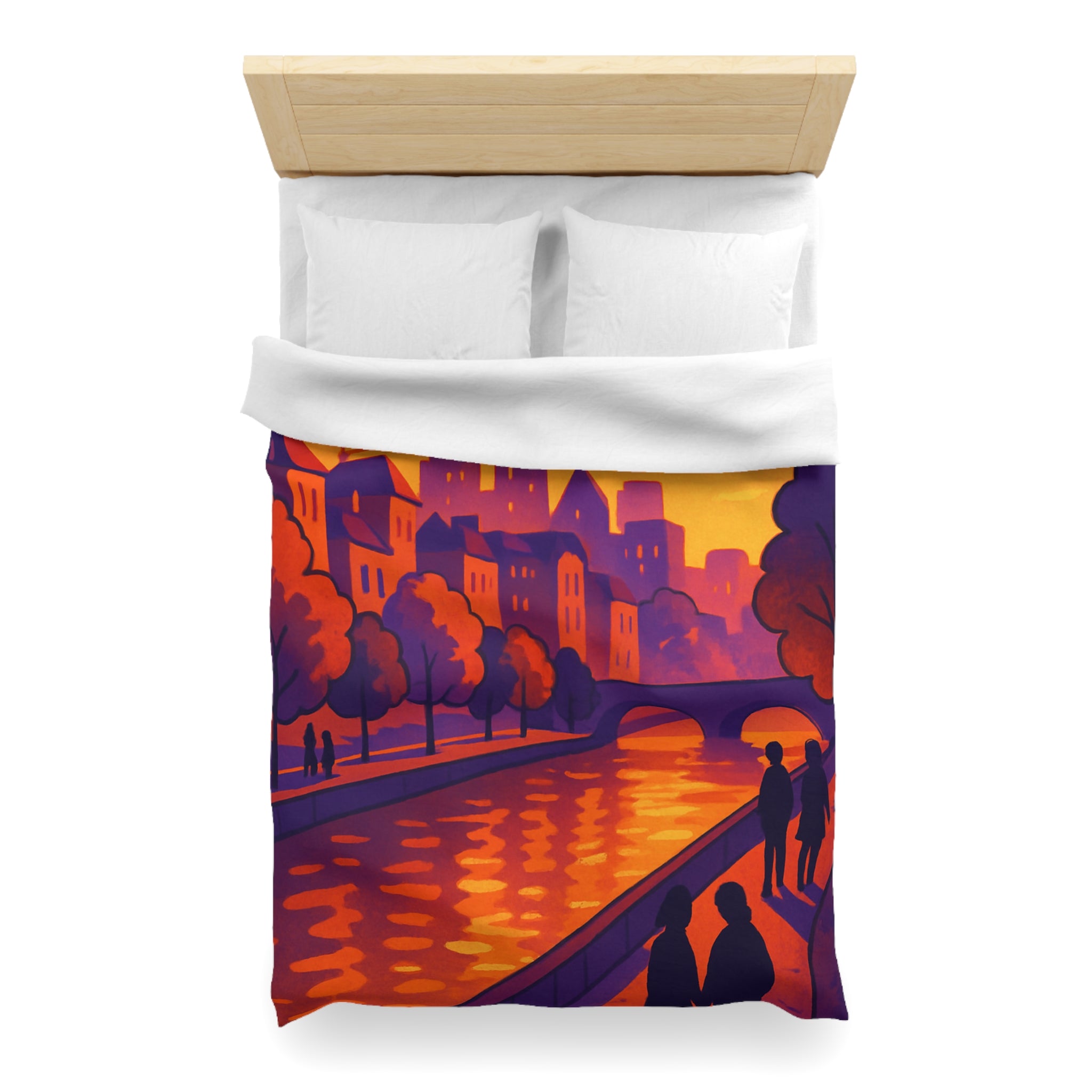 Vibrant paysage urbain crépusculaire avec silhouettes et rivière pour housse de couette