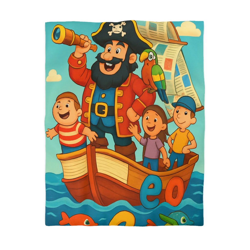 Housse de couette enfant pirate avec voyelles, perroquet et mer colorée