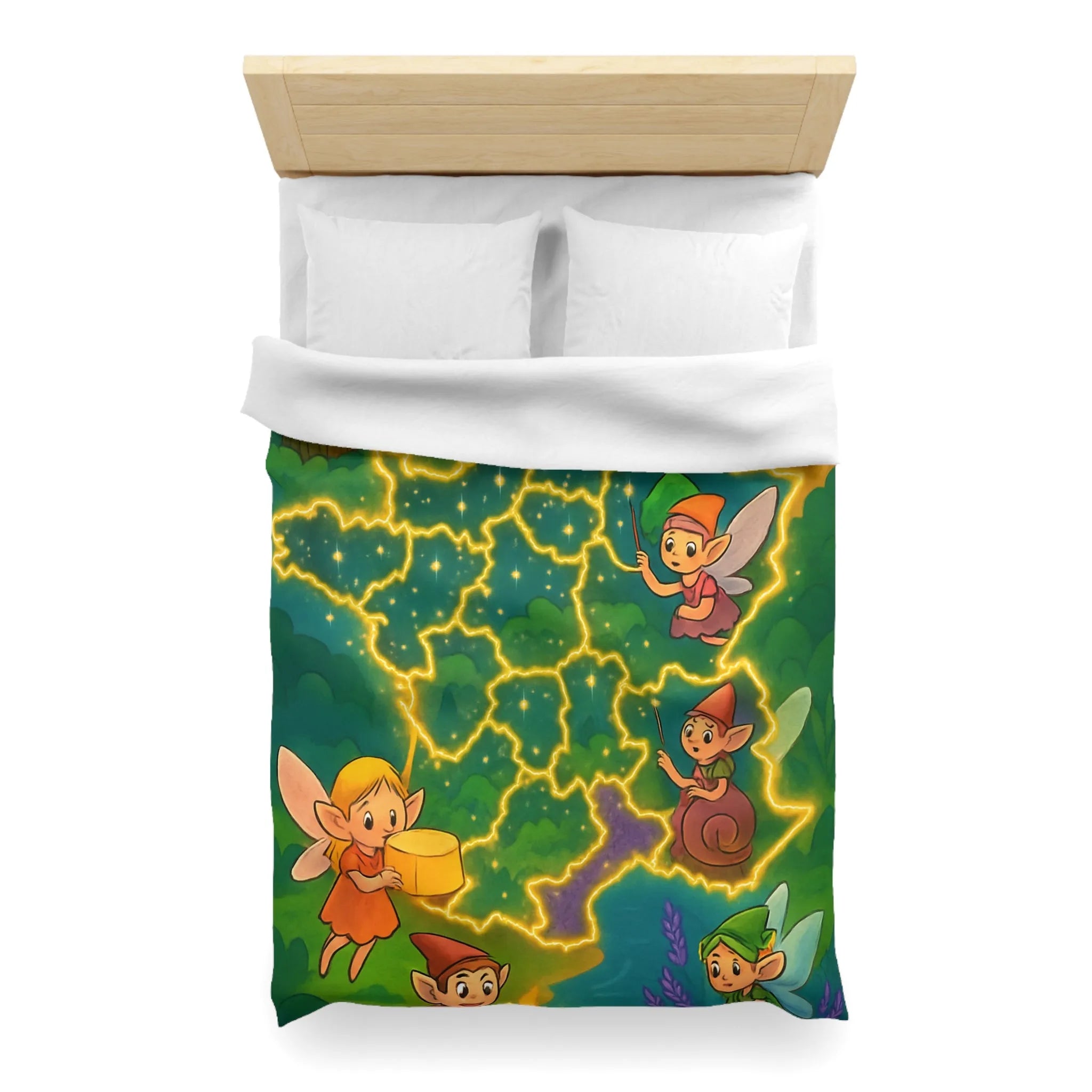 Housse de couette illustrée avec fées et lutins en carte de France enchantée