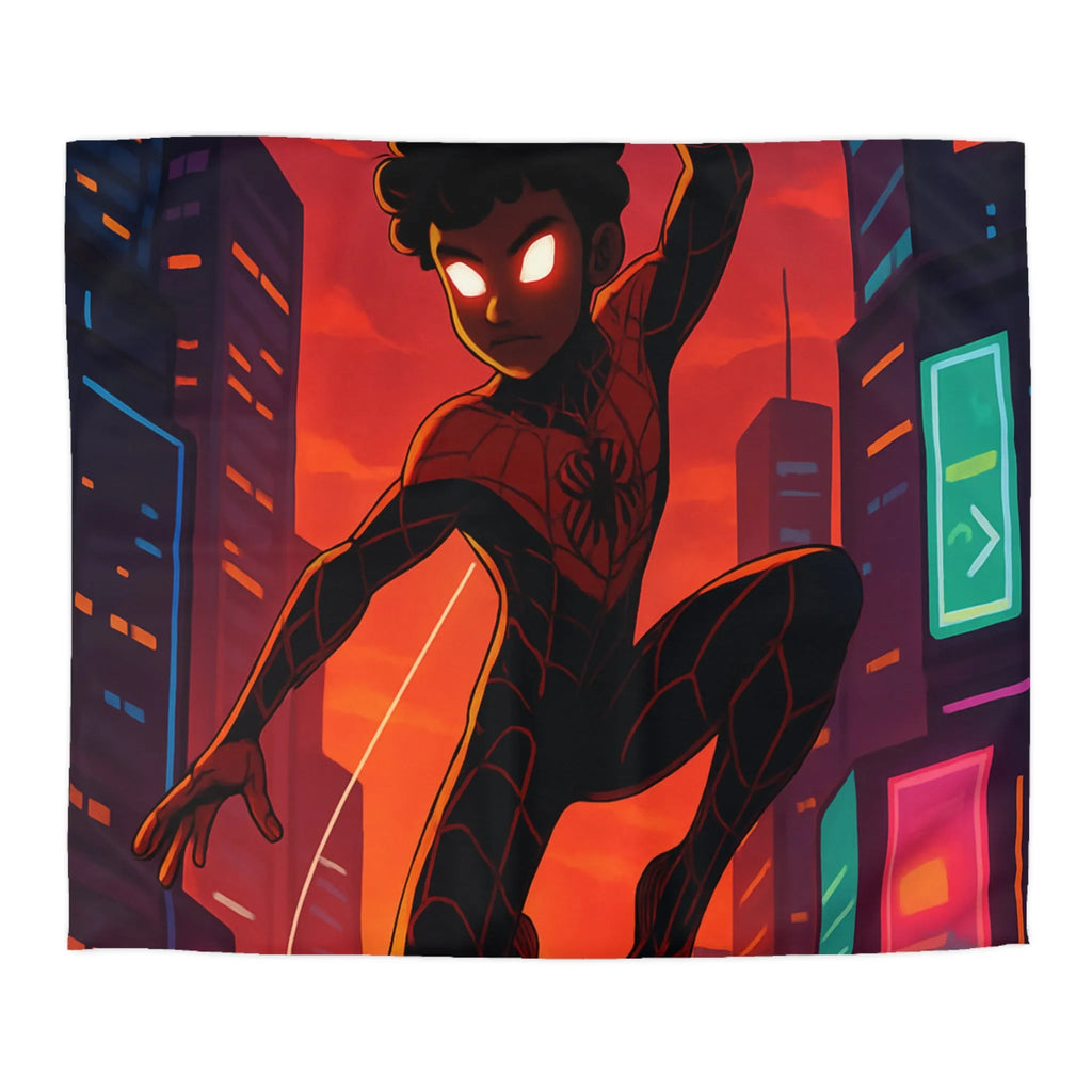 Housse de couette avec super-héros suspendu devant un coucher de soleil urbain vibrant