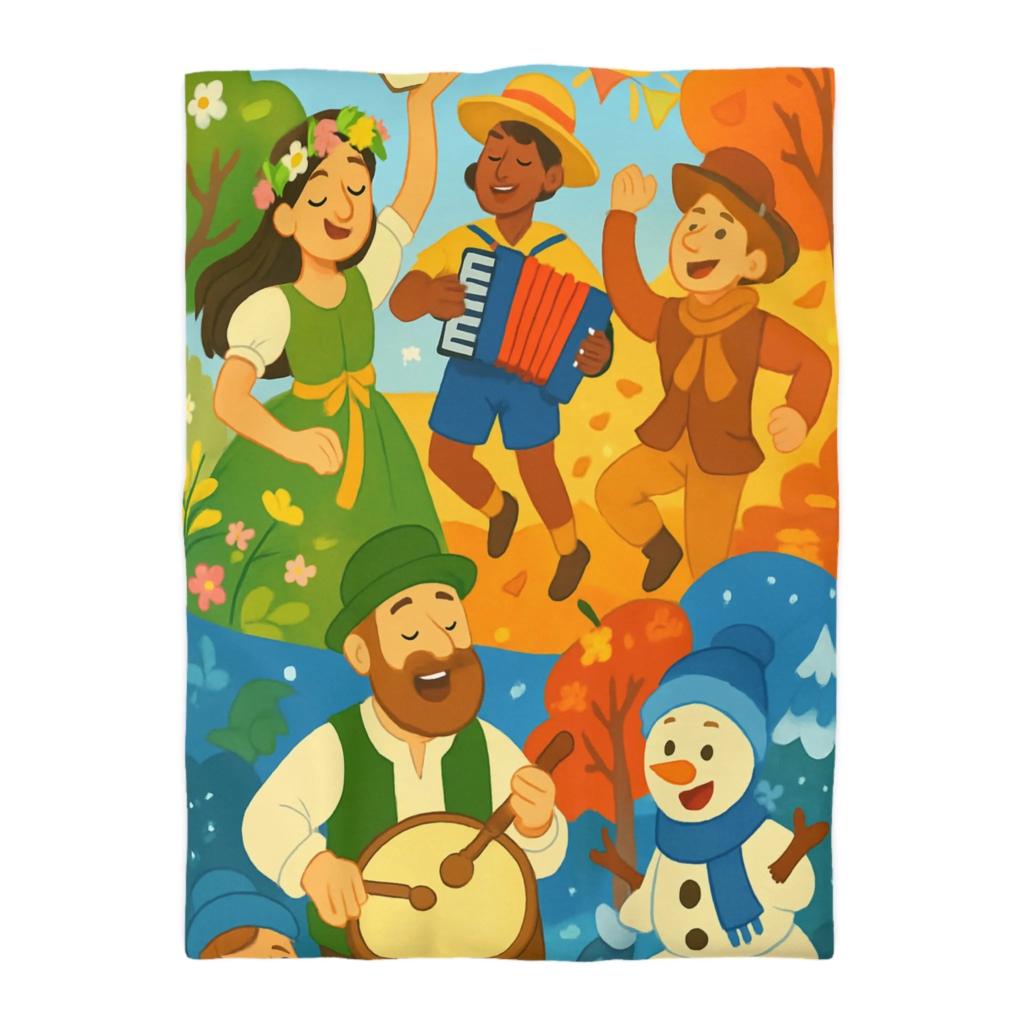 Housse de Couette Colorée aux Saisons : Illustration Danse et Fête Enfantine Joyeuse