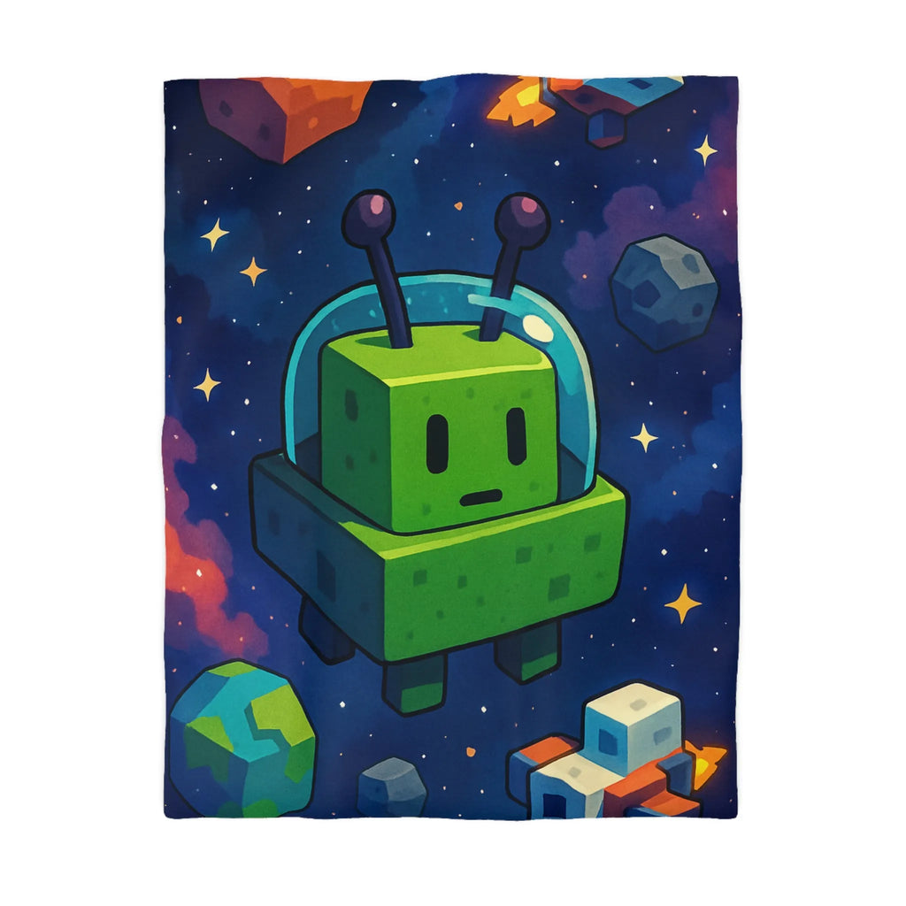 Housse de Couette Cosmos mignon extraterrestre vert cubique et planètes pixelisées