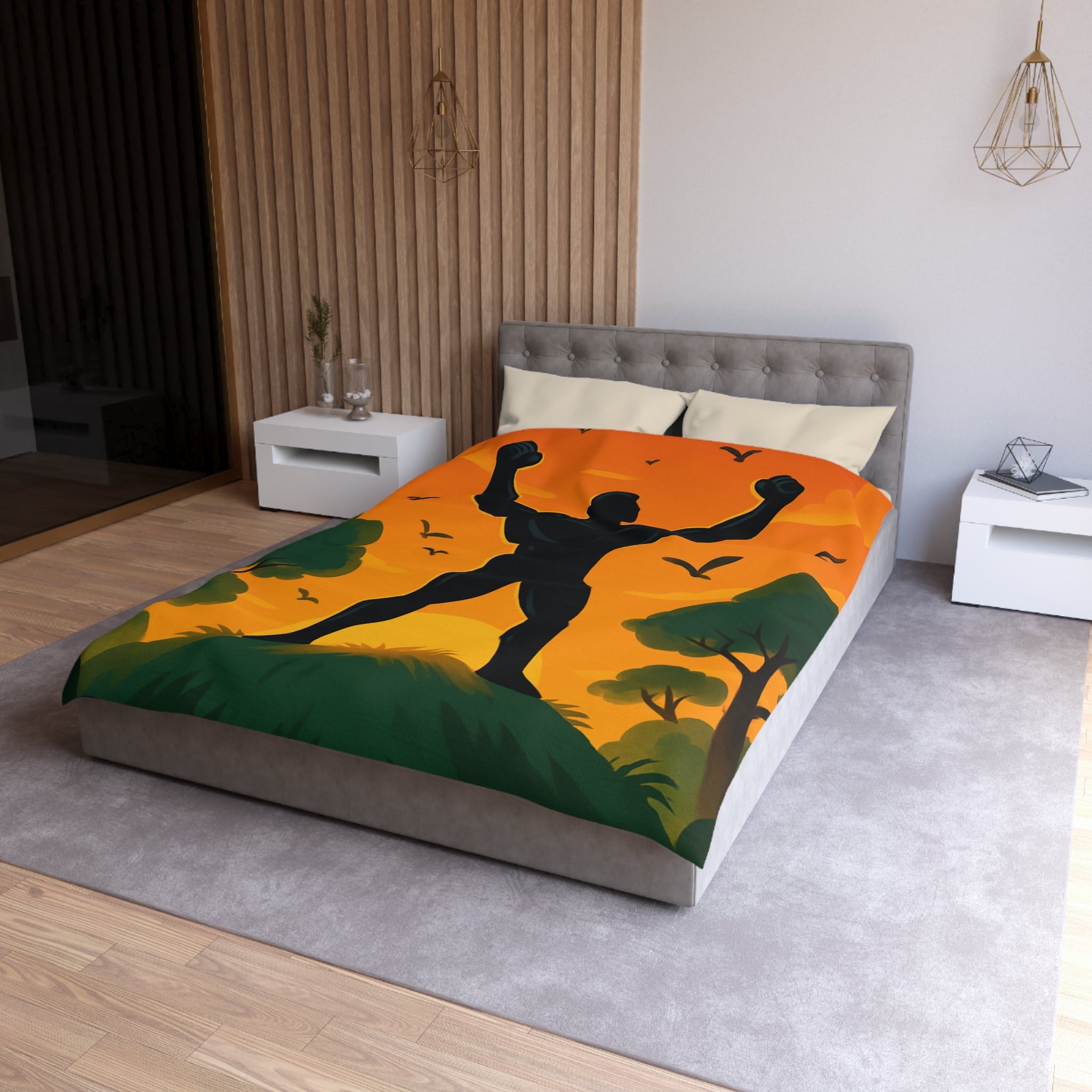 Housse de couette silhouette héros sur colline, coucher de soleil et oiseaux volants