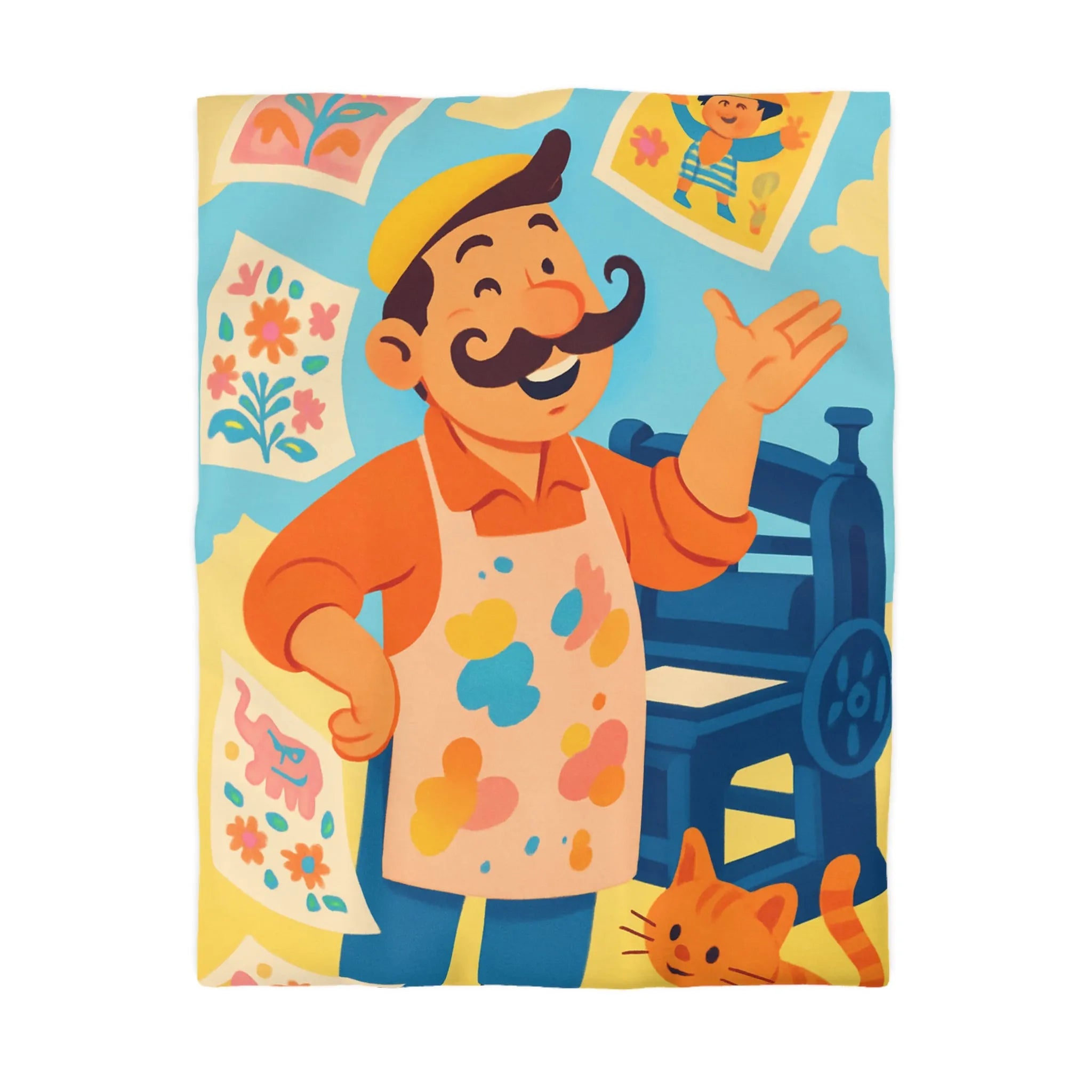 Housse de couette colorée avec artiste moustachu, chat orange et imprimés joyeux