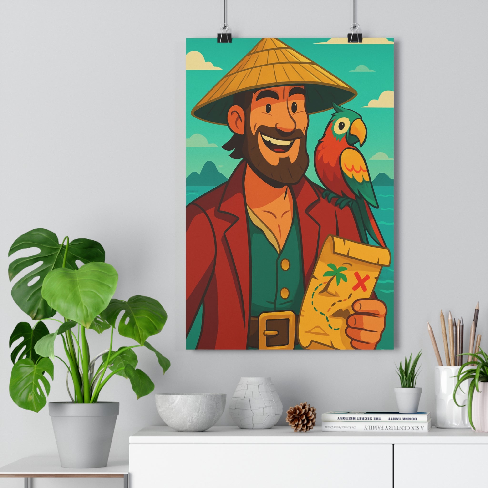 Poster décoratif aventure anime joyeux chambre bureau enfant marin bleu paille perroquet carte paysage