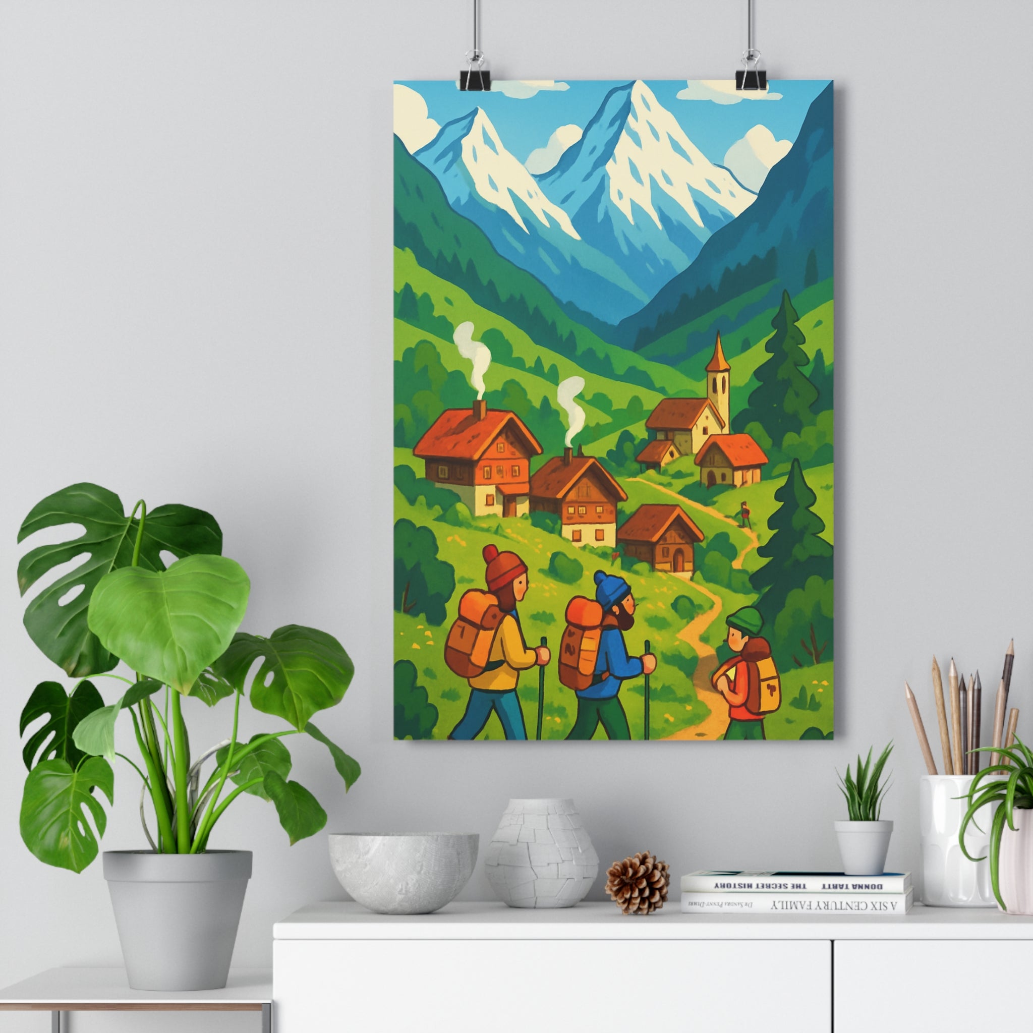 Poster décoratif cartoon village pittoresque rouge joyeux montagne salle enfant maison chaleureux qualité unique