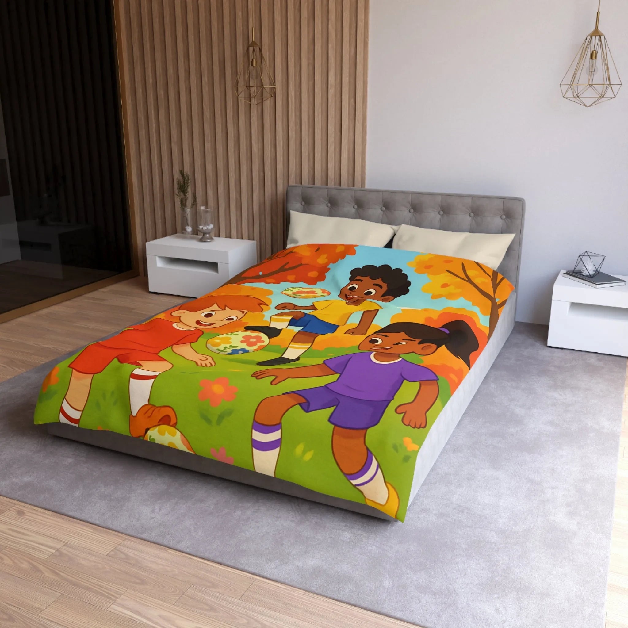 Housse de Couette Enfant Animée, Jeu de Ballon en Automne aux Couleurs Vives