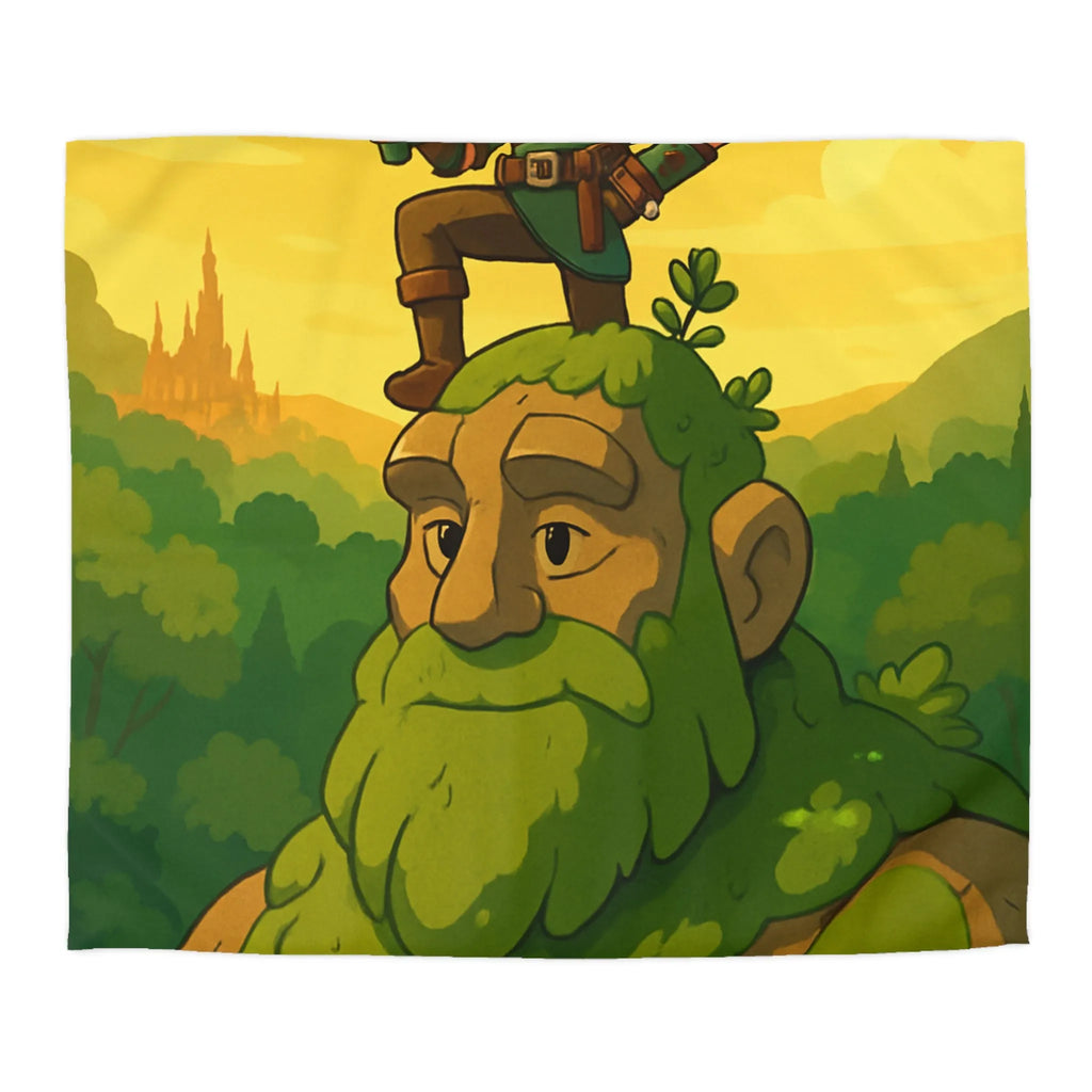 Housse de couette avec aventurier et géant de pierre, tons verts et jaunes