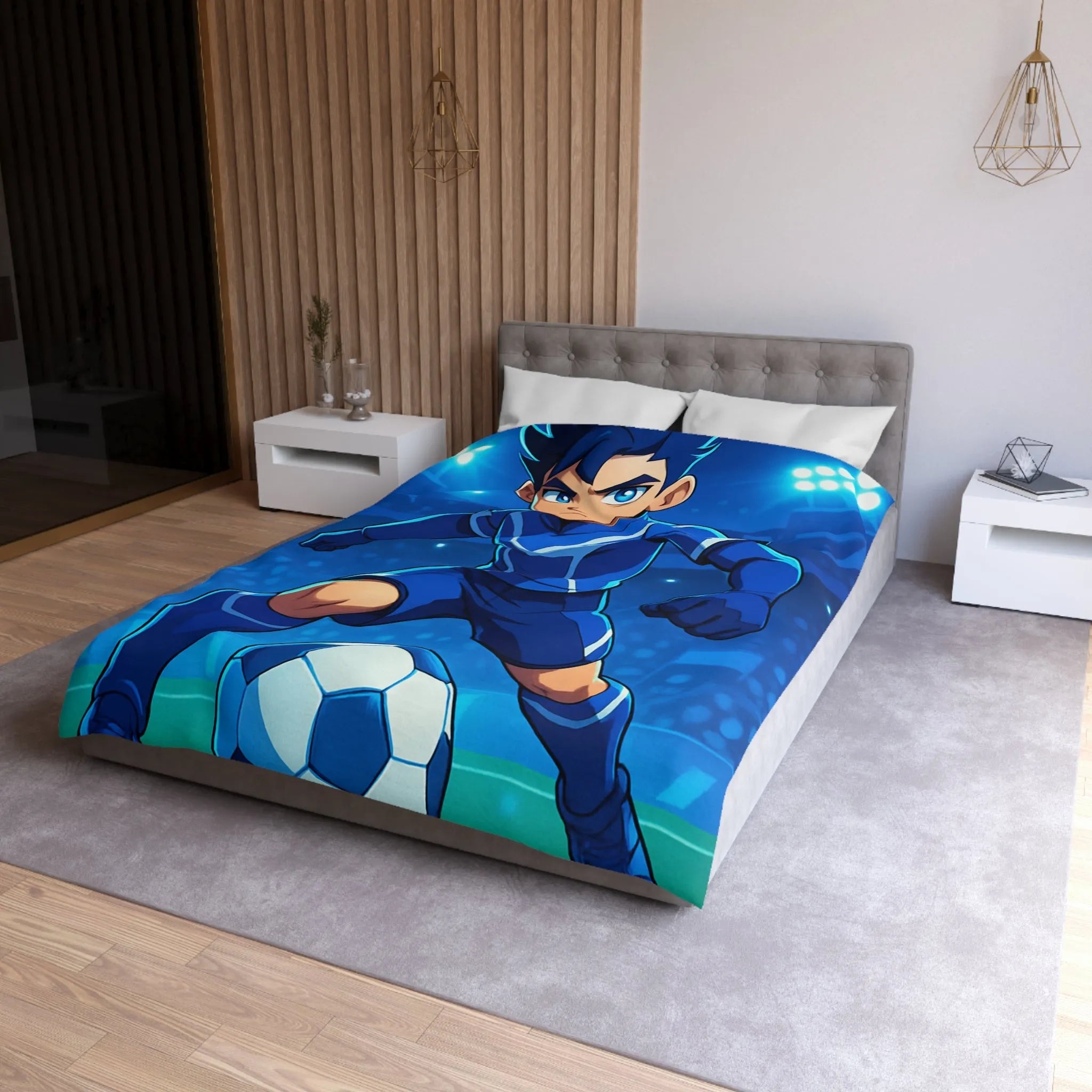 Housse de couette avec joueur de foot animé, style dynamique et lumineux, ambiance sportive