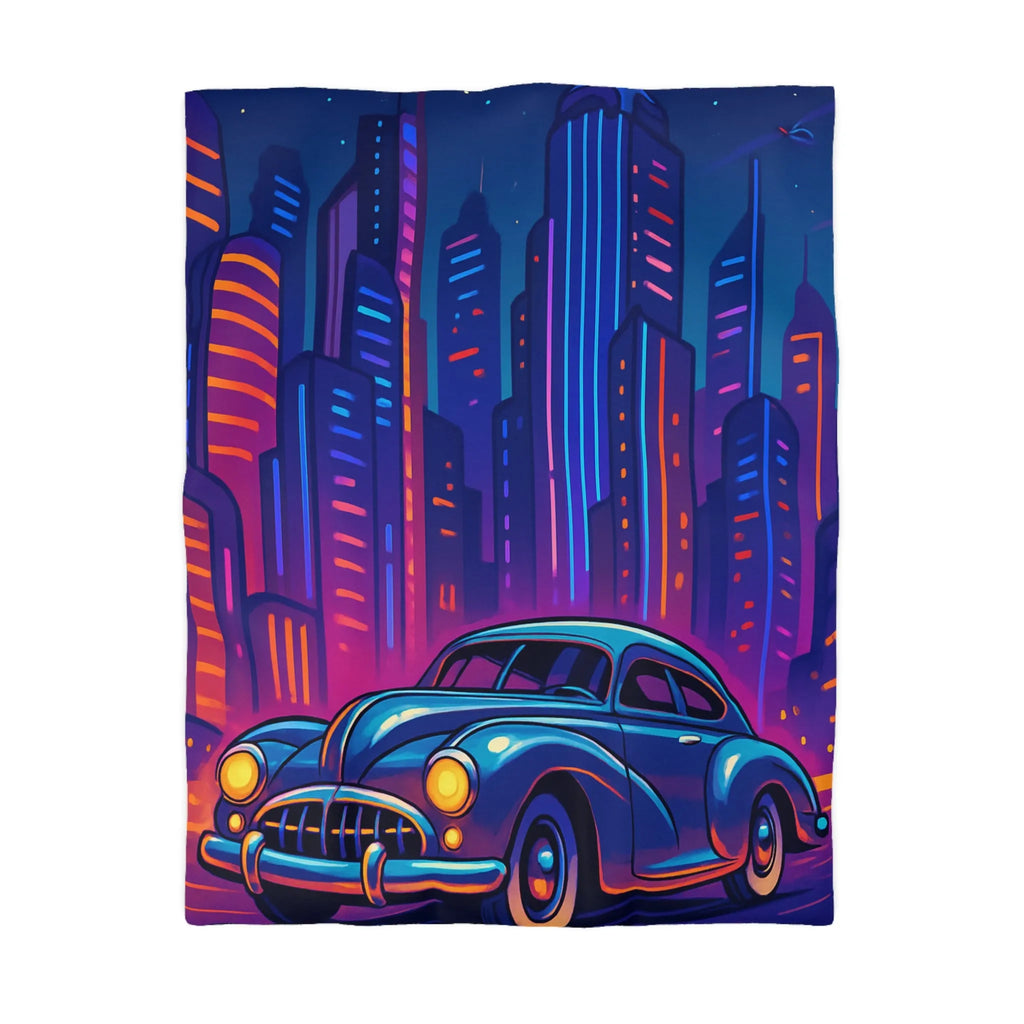 Housse de Couette Futuriste avec Voiture Vintage et Ville Lumineuse Style Néon