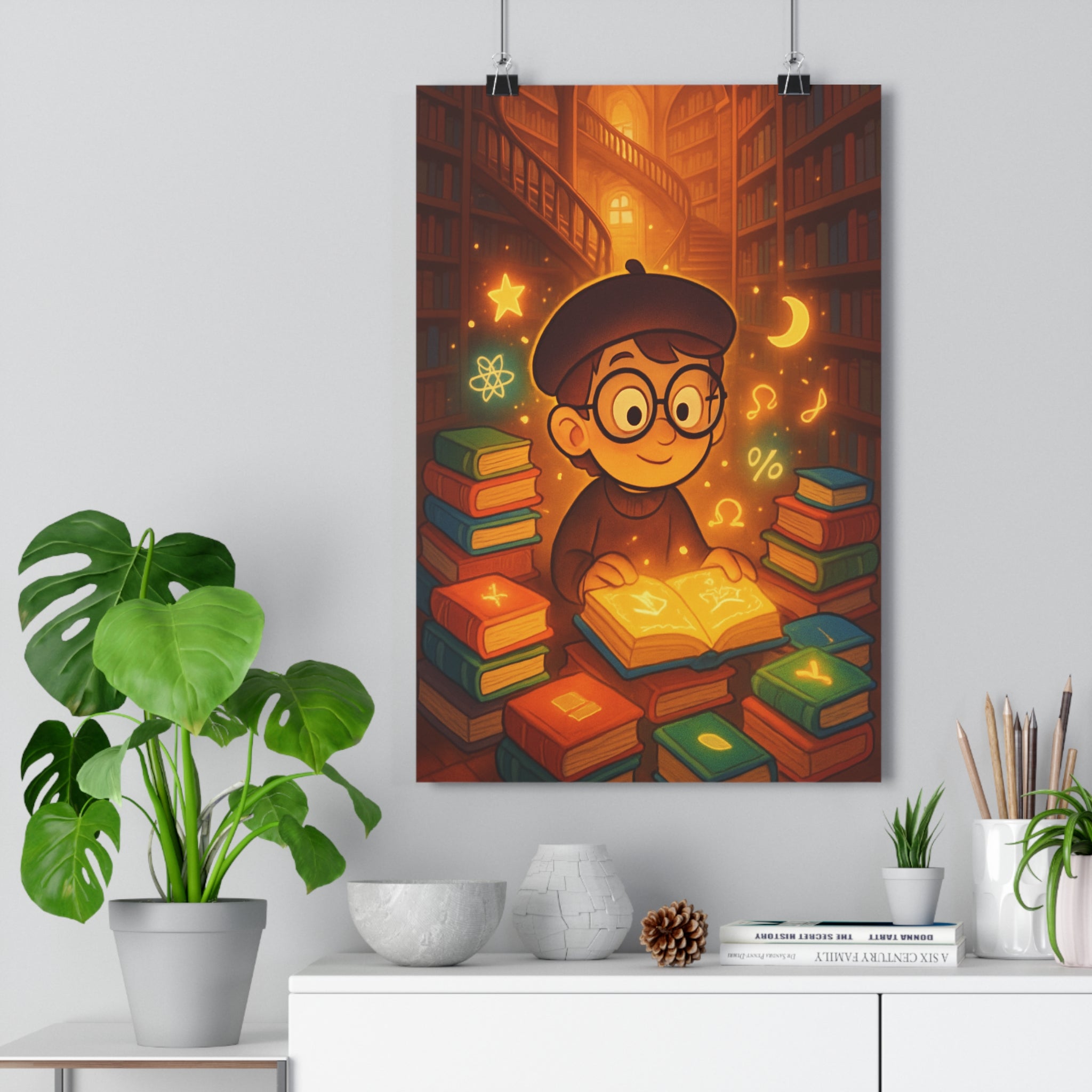 Poster décoratif cartoon enfant joyeux bibliothèque lumineux jaune orange lecture magique vibrant chambre qualité