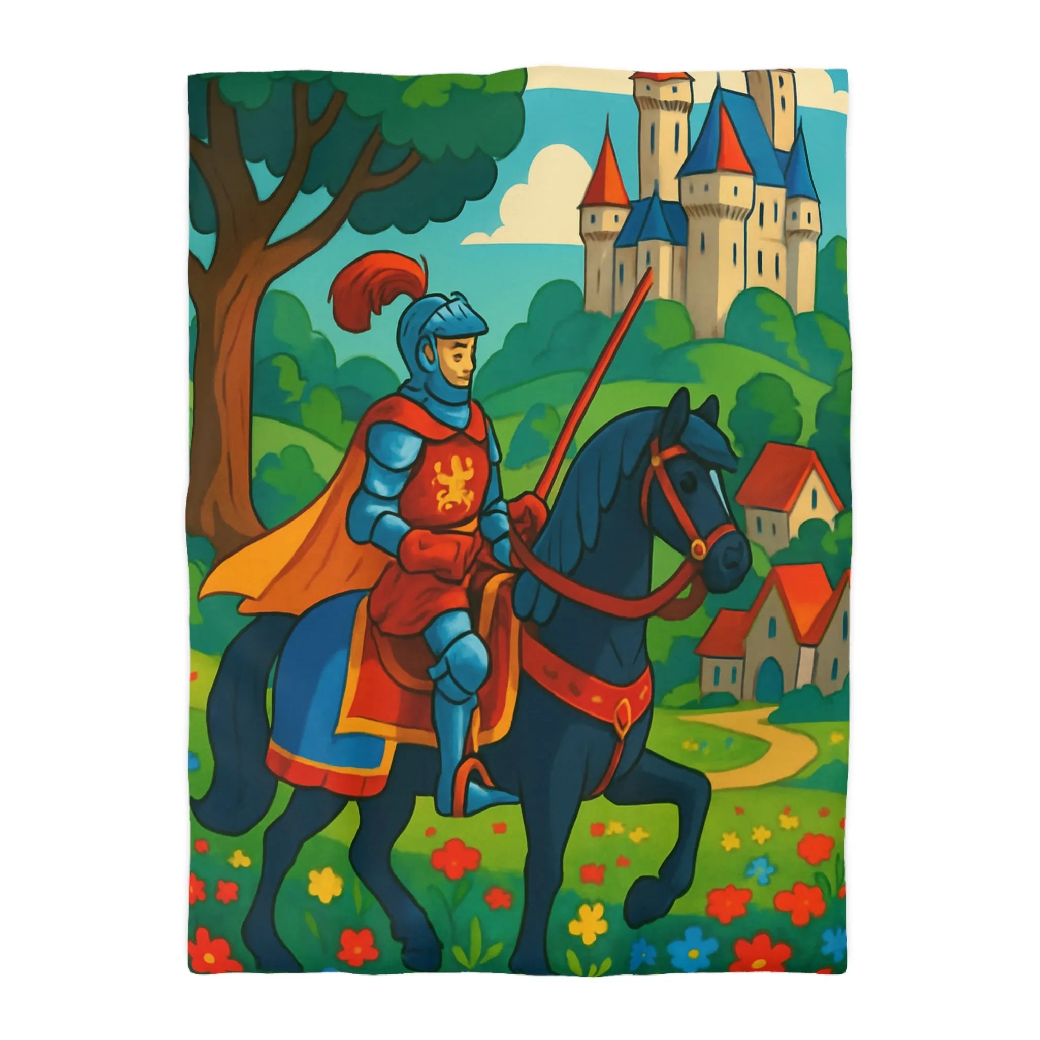 Housse de couette chevalier médiéval illustrée avec château et paysage floral vibrant