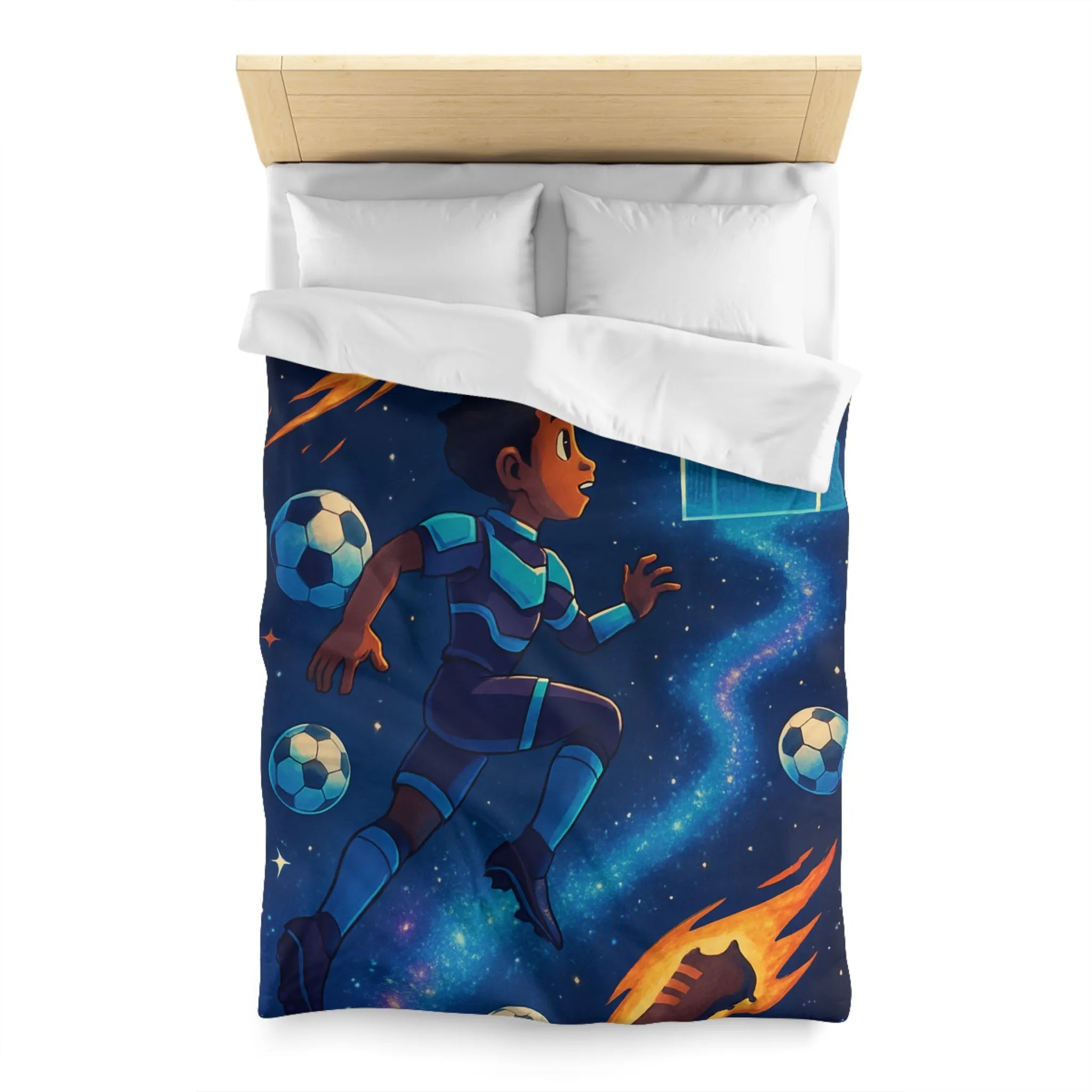 Housse de couette espace football pour enfants, avec joueurs et ballons colorés