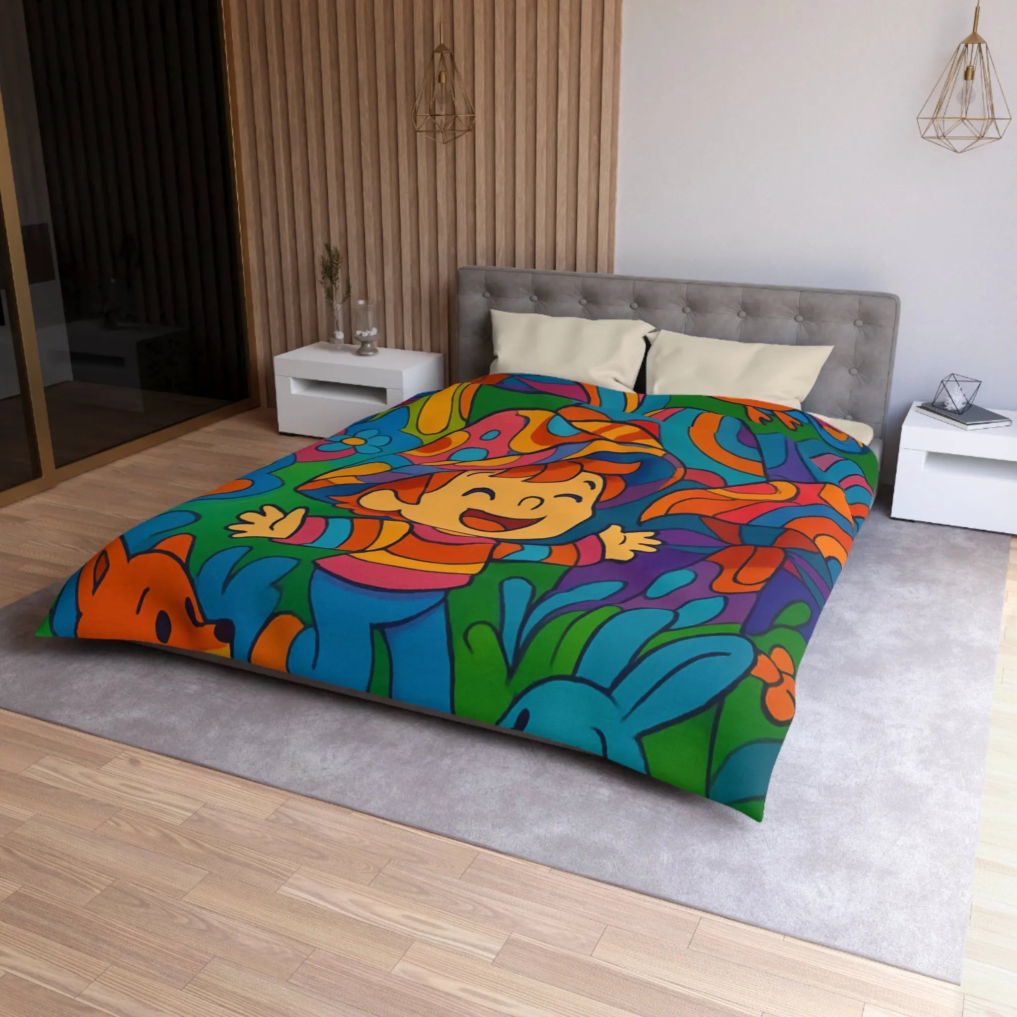 Housse de couette enfant joyeuse avec animaux en forêt style rétro arc-en-ciel