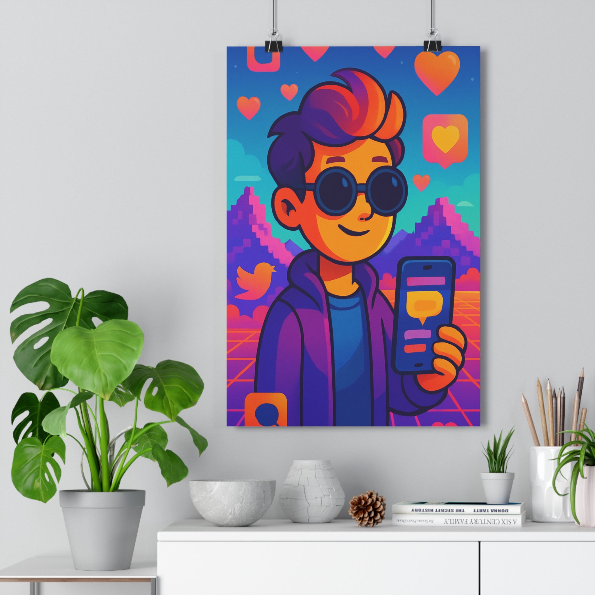 Poster décoratif moderne cartoon néon pastel personnage pixelisé smartphone réseaux sociaux chambre salon 30