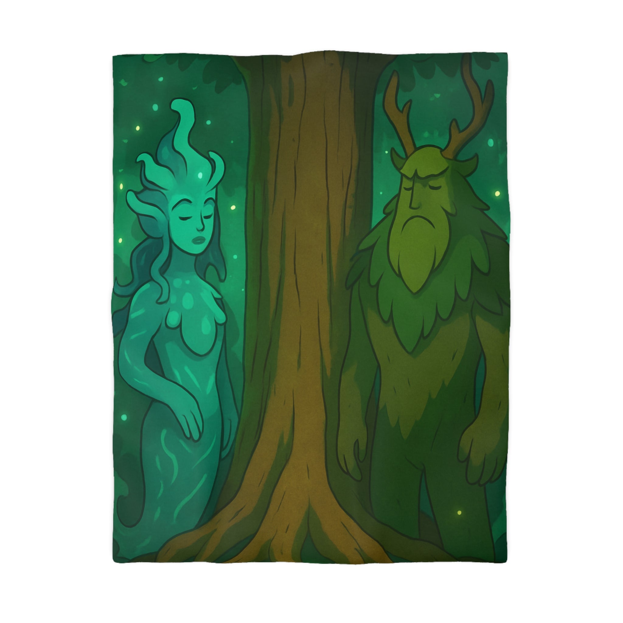 Housse de couette mystique forêt avec figures élémentaires, arbre central et ambiance sereine