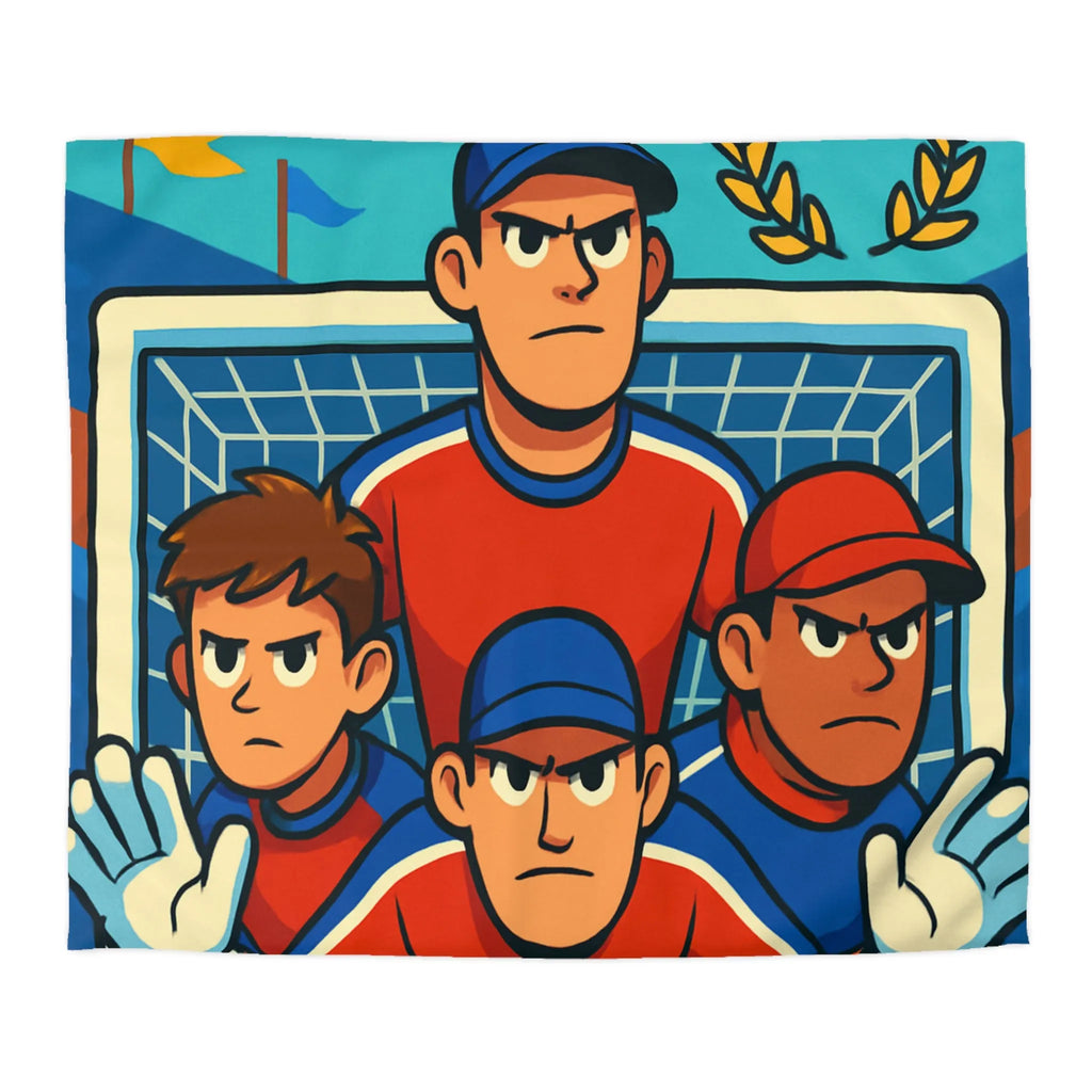 Housse de couette football dynamique avec joueurs, ballon, étoiles et trophées en illustration