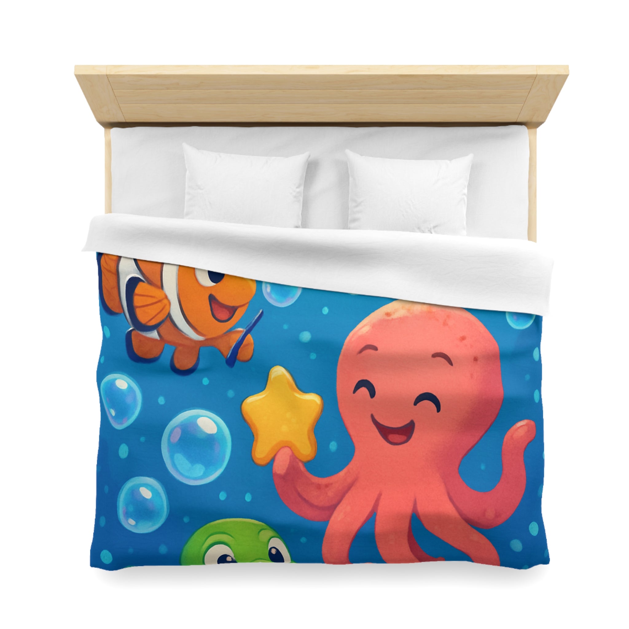 Housse de couette sous-marine avec pieuvre, dauphin, poisson clown et tortue joyeuse