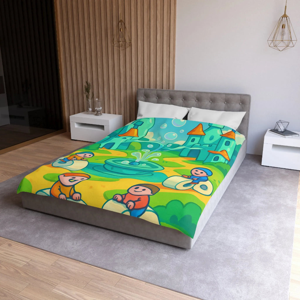 Housse de couette joyeuse avec château et enfants sur routes animées et colorées