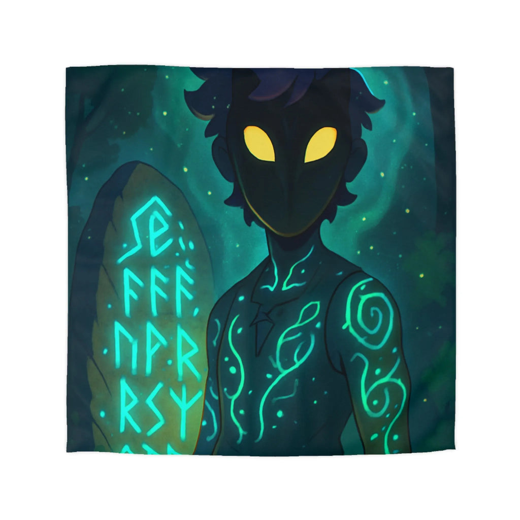 Housse de couette enchantée avec personnage masqué et runes dans une forêt mystique