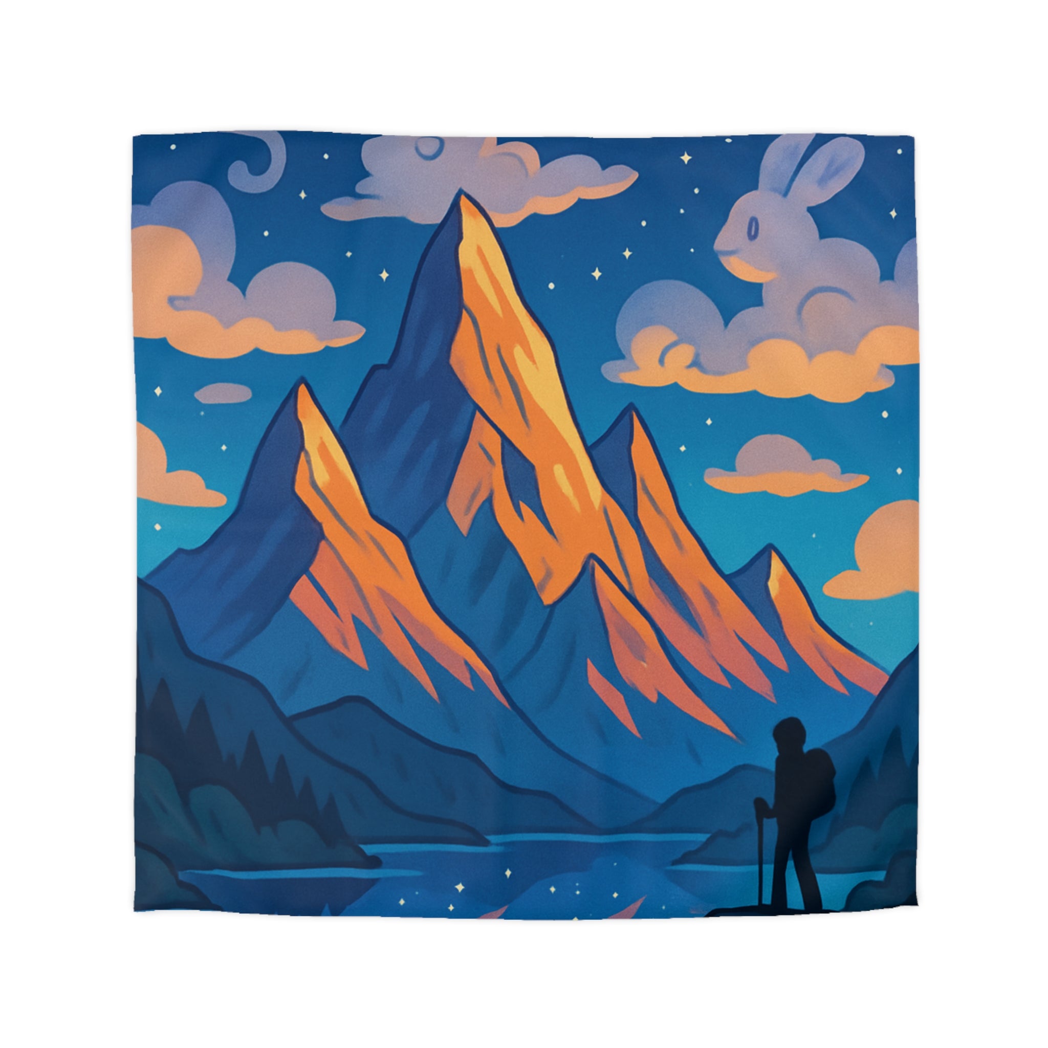 Housse de couette montagne magique avec nuages en forme d'animaux dans le ciel nocturne