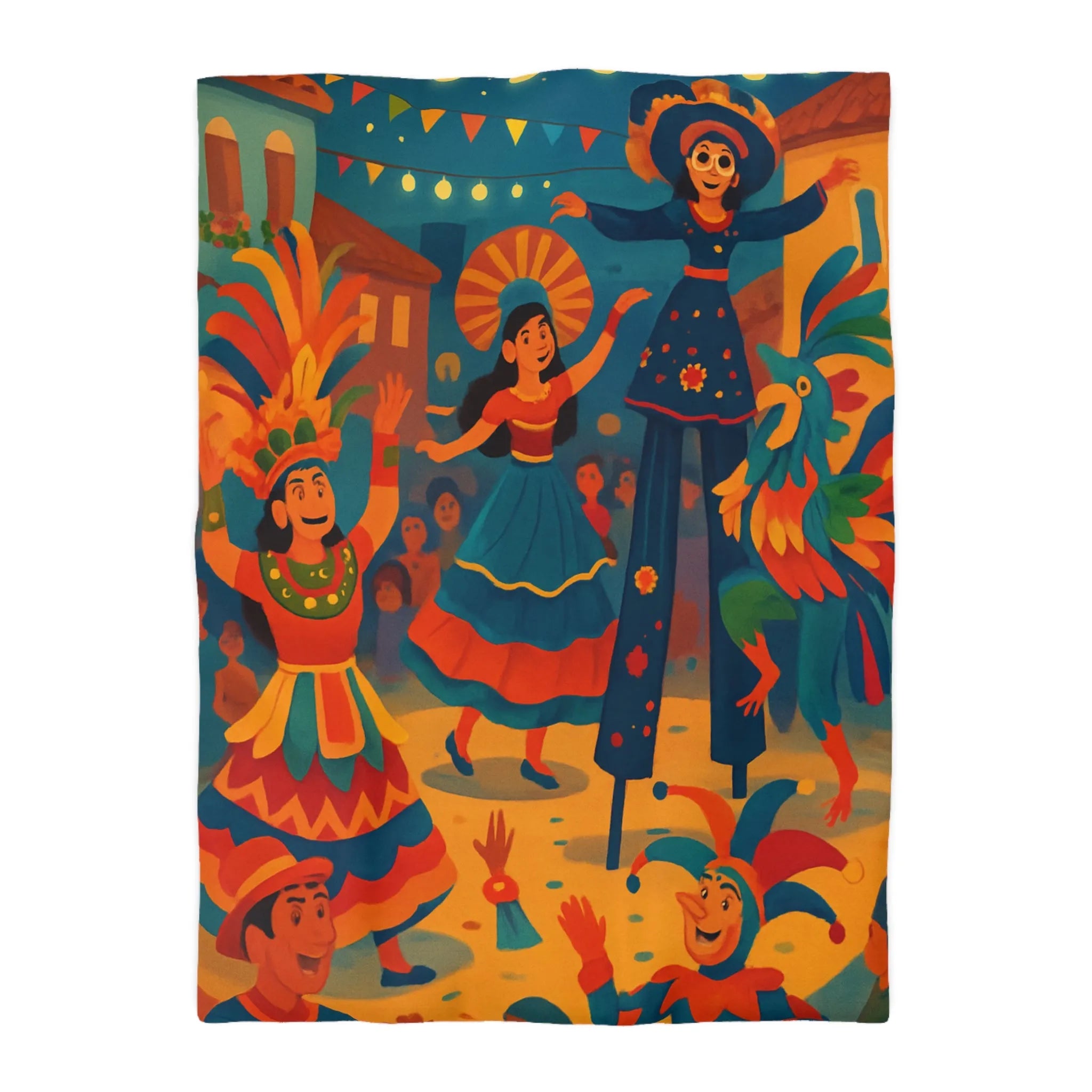 Housse de Couette Colorée Inspirée par Festival avec Danseurs et Éléments Festifs Animés