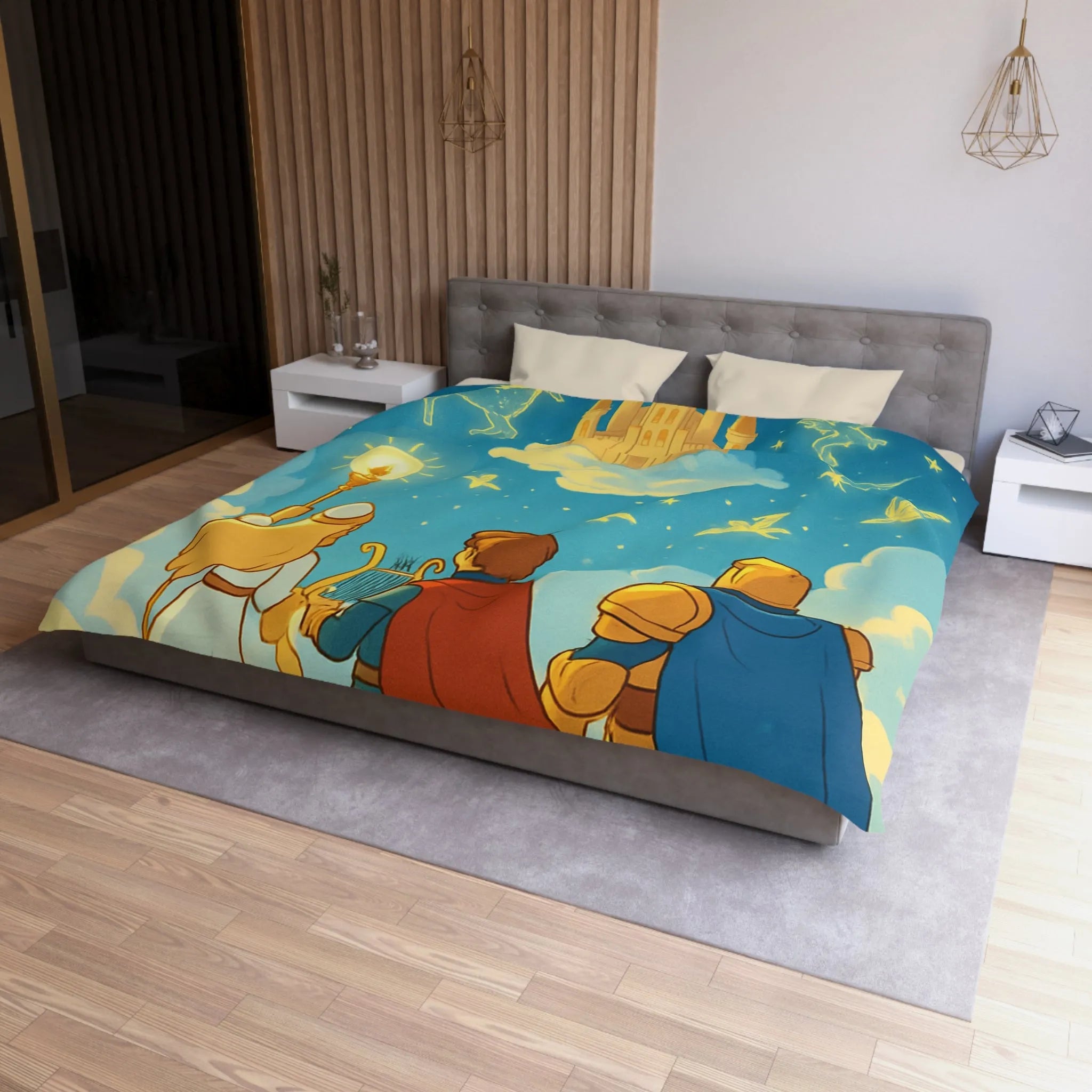 Housse de couette illustrée avec château magique et constellation céleste féerique pour enfants