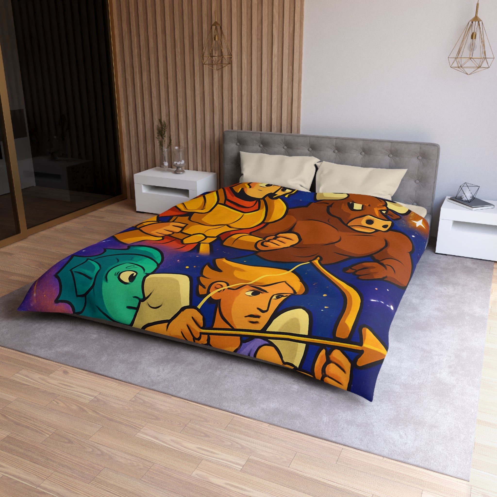 Housse de couette zodiaque illustrée avec chevalier, taureau, ange et créature marine