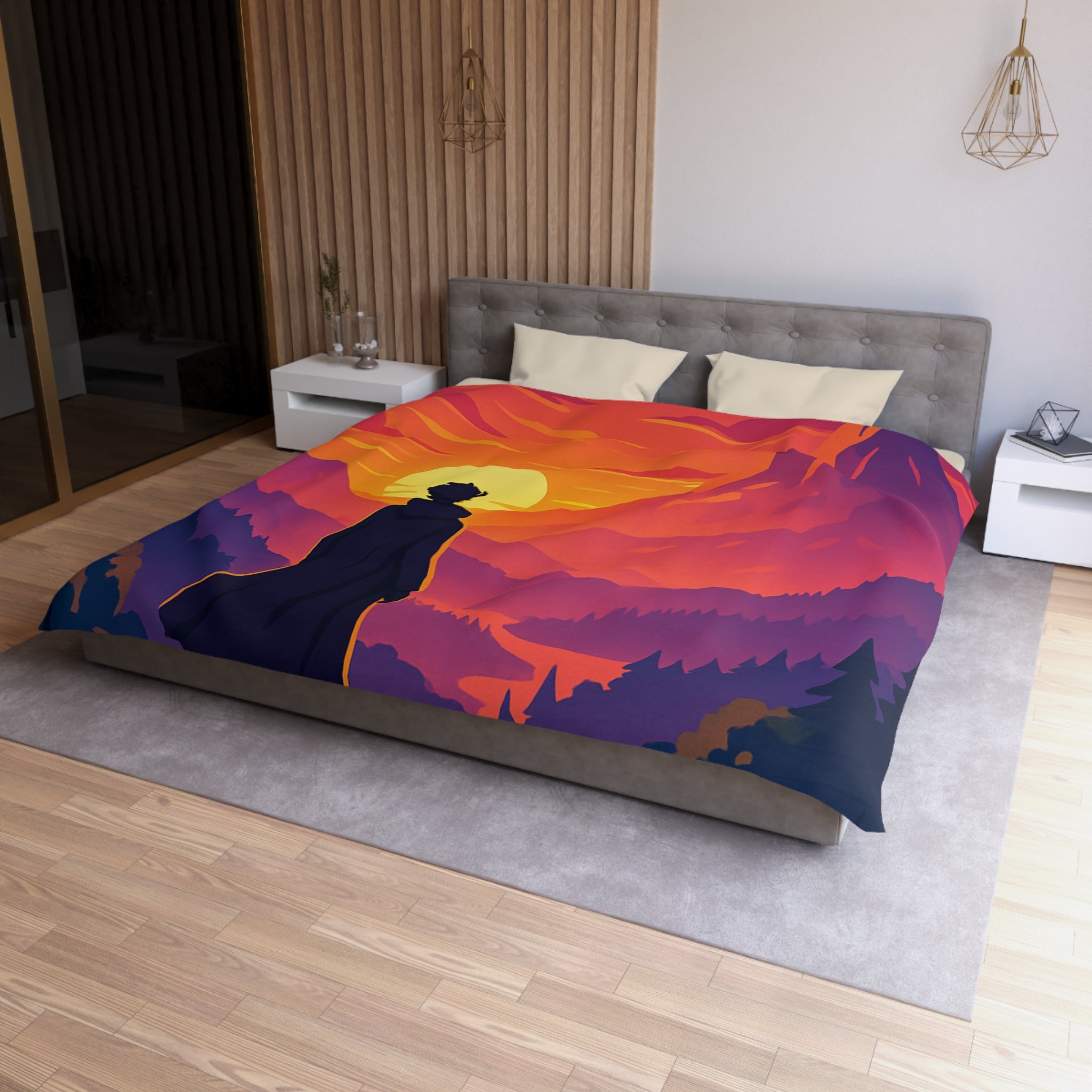 Housse de couette montagnes coucher de soleil silhouette homme paysage artistique vibrant