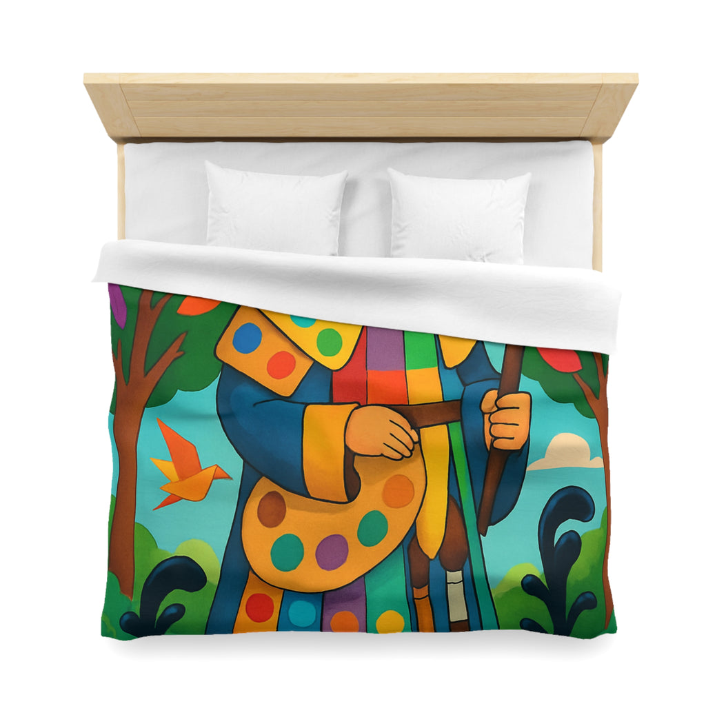 Housse de couette multicolore avec roi et oiseaux dans un jardin enchanteur