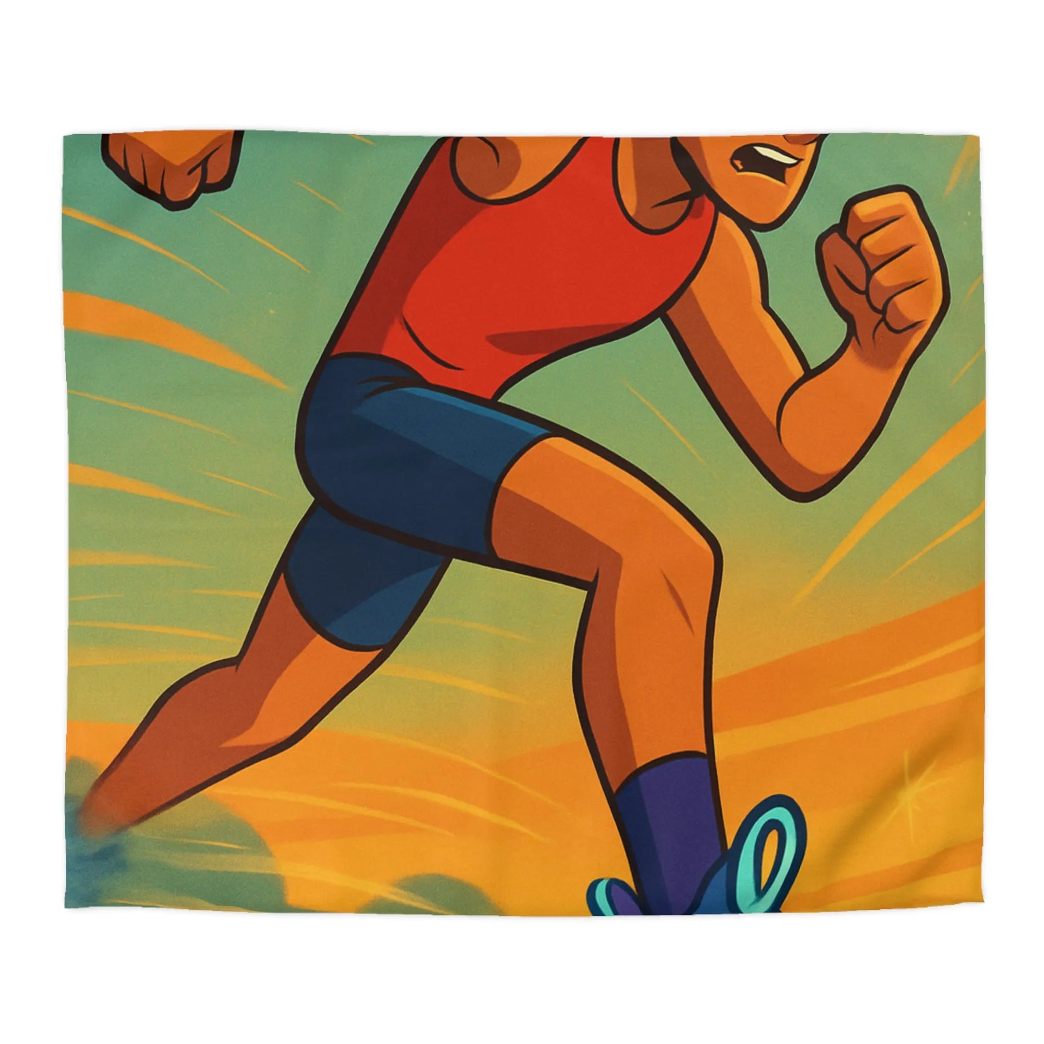 Housse de couette dynamique coureur stylisé accélérant sur fond d’énergie vibrante