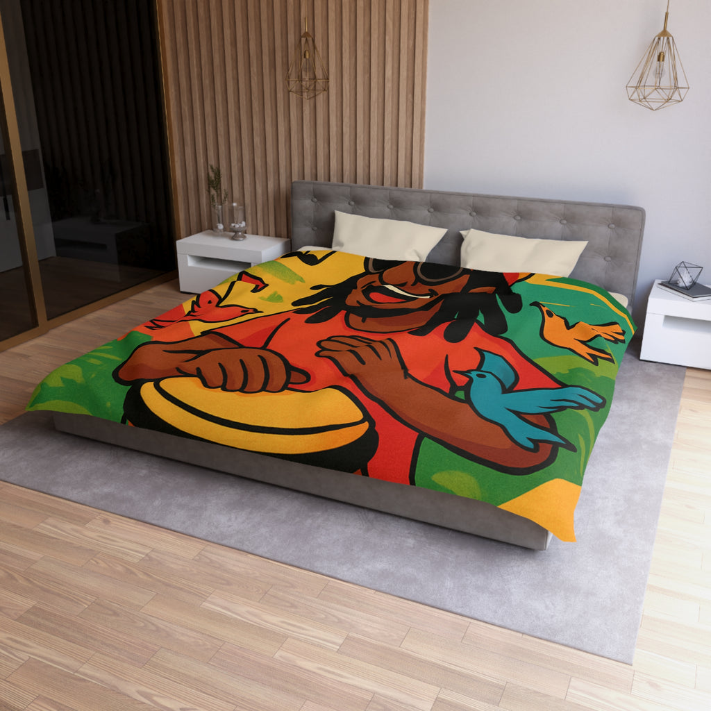 Housse de couette vibrante arc-en-ciel reggae avec tambour, palmiers et oiseaux colorés