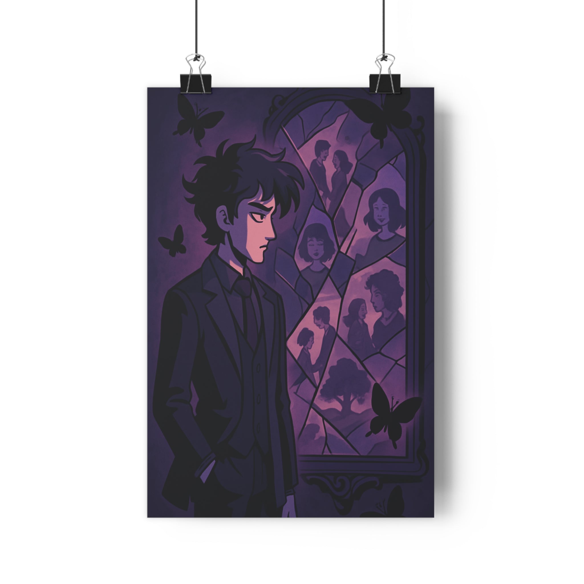 Poster décoratif surréaliste violet bleu mystérieux rêveur salon chambre costume papillons miroir brisé 30x46