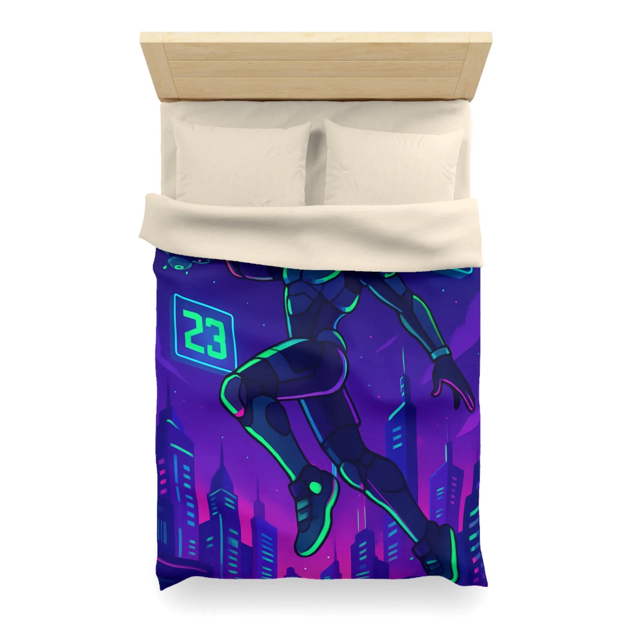 Housse de Couette Futuriste avec Robot Jouant au Basketball Lumineux dans Ville Néon