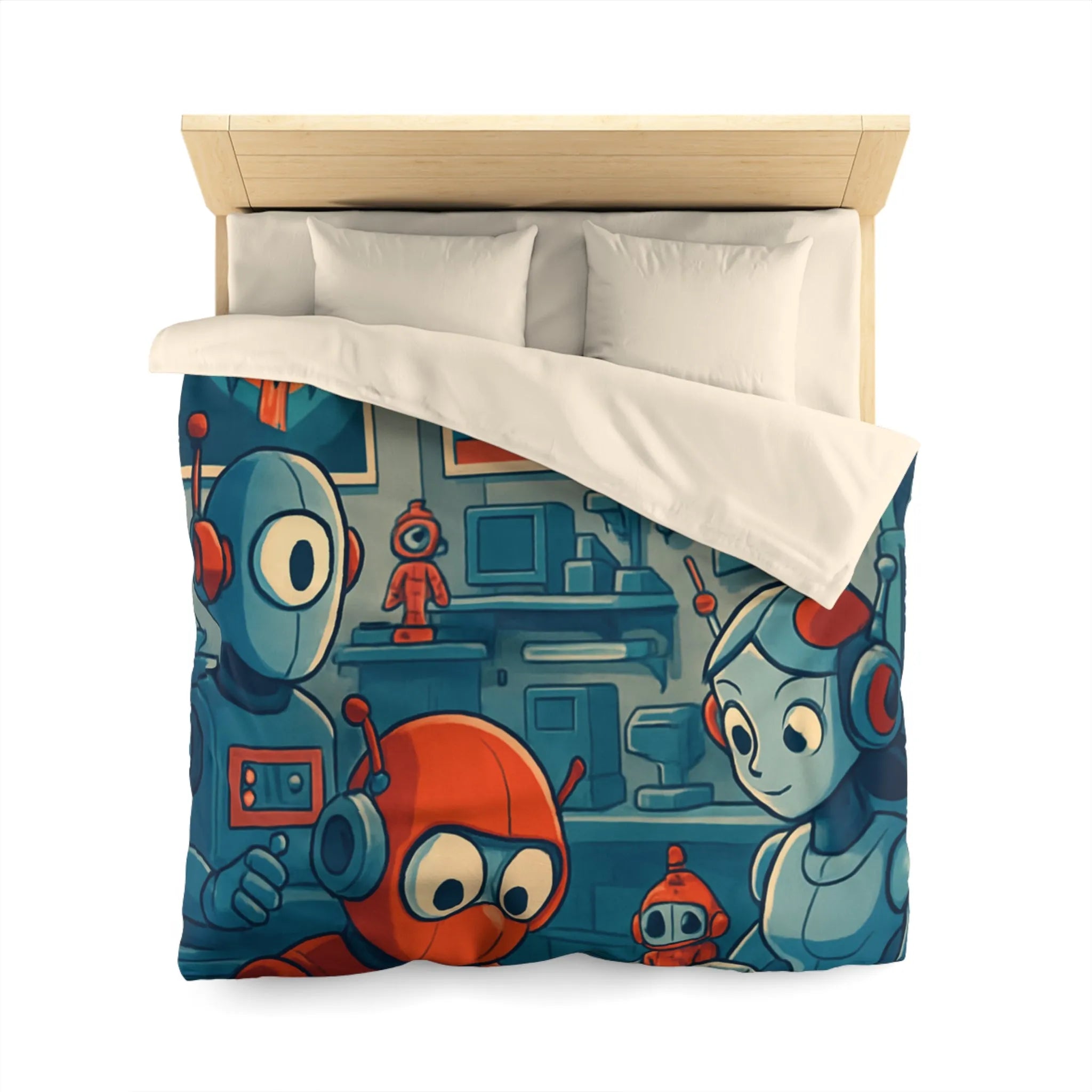 Housse de Couette Adorable Atelier de Robots pour Enfants au Look Rétro Futuriste