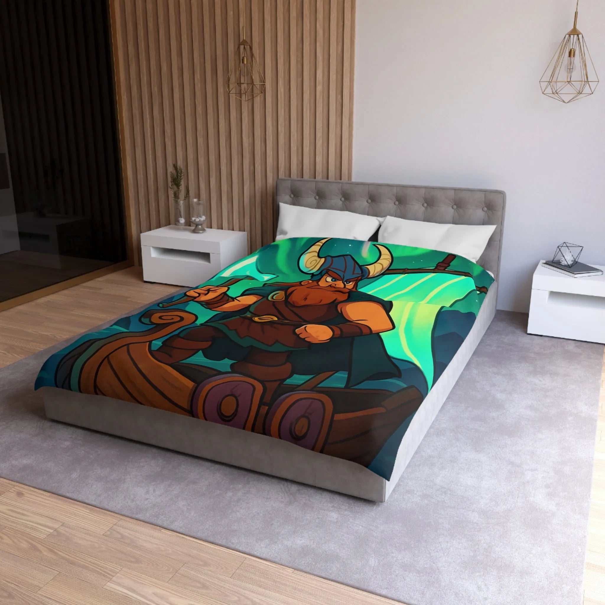 Housse de couette épique viking avec aurore boréale et bateau en pleine mer