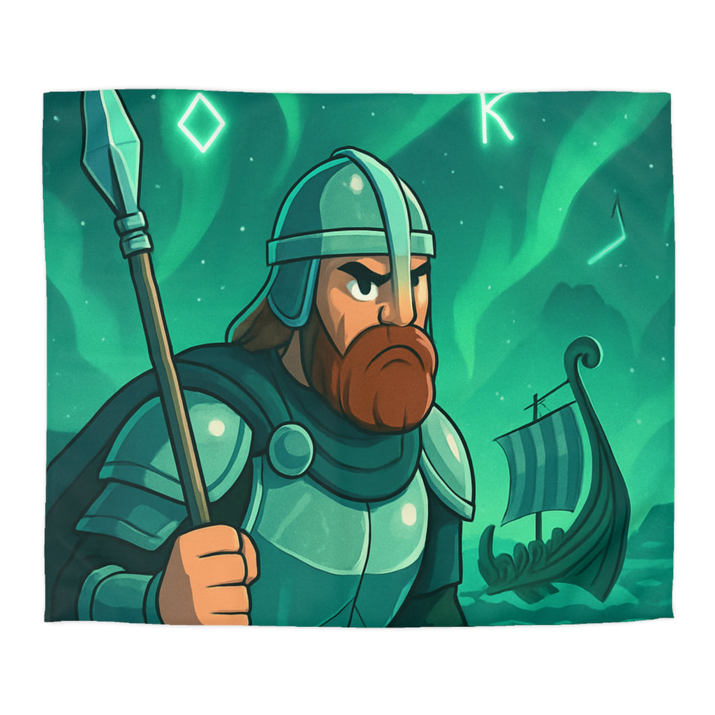 Housse de Couette Viking Vert Émeraude avec Guerrier et Aurores Boréales pour Chambre